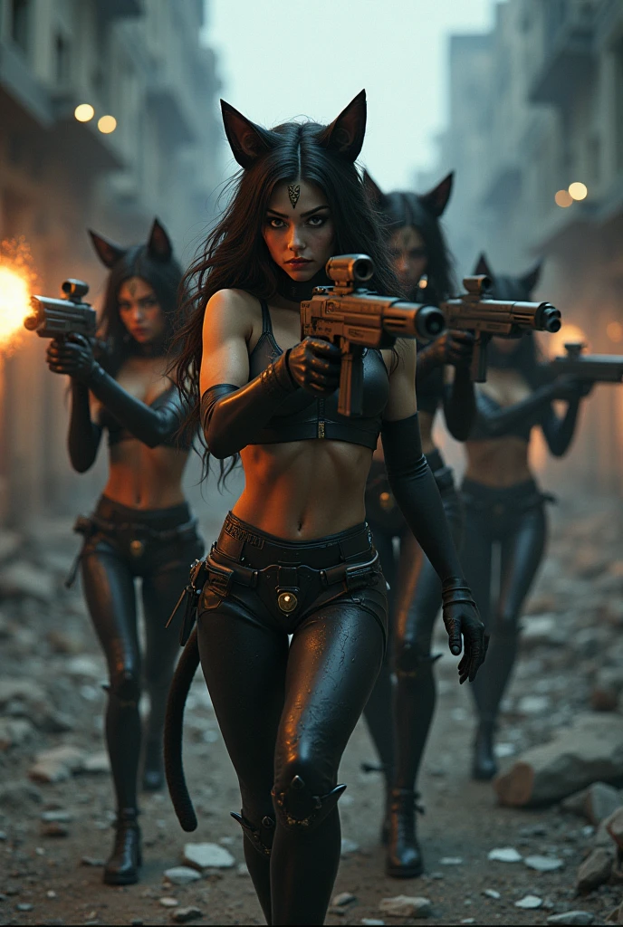 At night, dark sky, gorgeous Woman, (walks with a stray dog In a frozen cyberpunk city in ruins), 1drone. Heavy tropical rain, Head slightly tilted back, leather bikini, Distorted Space, Light Shafts, Volumetric Lighting, 4k Rendering, Stock Photo, Realistic Textures, Dramatic Lighting, Unreal Engine. Electric lighting. Windy messy hair. (((((1girl, solo, alone))))), large-breast:1.1 slim body, cleavage, (((headphone, black sunglasses))), (((hip-up standing and holding (pistol)))), (((half-body thigh level medium shot))), cinematic lighting, lens flare, ray tracing.