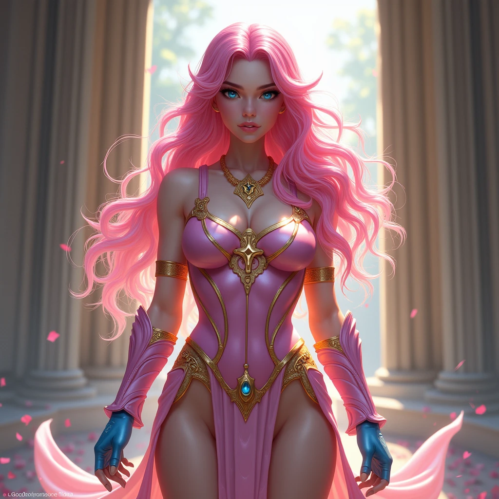 GODDESS BOMB, mature woman, 30 years old, HUGE LONG HAIR, pink  hair, pale skin, blue colored eyes, lovely guy, rosy cheeks, shiny pink bodysuit, pink armor, BLUE GAUNTLETS, gold accents, shock collar, athletic curvy body, muscles, Legs exposed, MAJESTIC BODY POSTURE, mythology artwork, Romanticism, Tenderness, forst, floor, Day Light, K Quality Pixar Disney