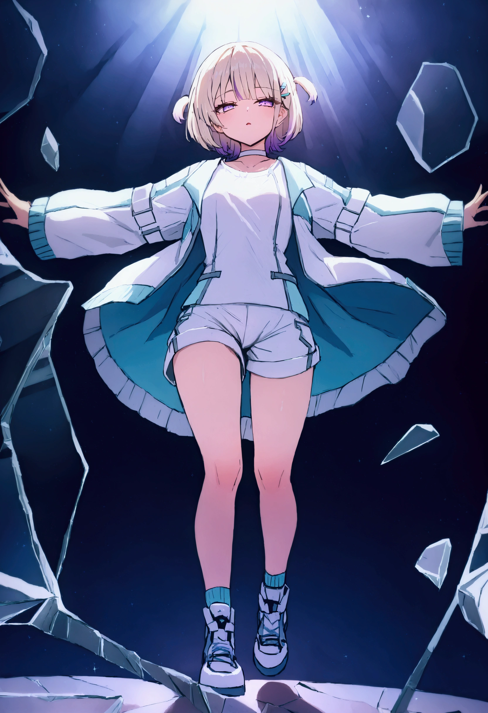 (masterpiece),(absurdres),(ultra detailed),(beautiful detailed),Todoroichi 、 Hololive、HajimeBase、 multicolor hair 、 short hair、 two side up、 hair clips、white choker 、 white shirt、 white jacket 、 gradient jacket、 white shorts、(stfootomping at viewer),throw,half-closed eyes,parted lips,in the midnight,shoes,(on stage),(stage lighting:1.3),(motion blur:1.1)、(pink々became、Broken glass:1.2、reflection:1.1、 Broken Glass :1.1),fullbody shot,Light purple eyes、