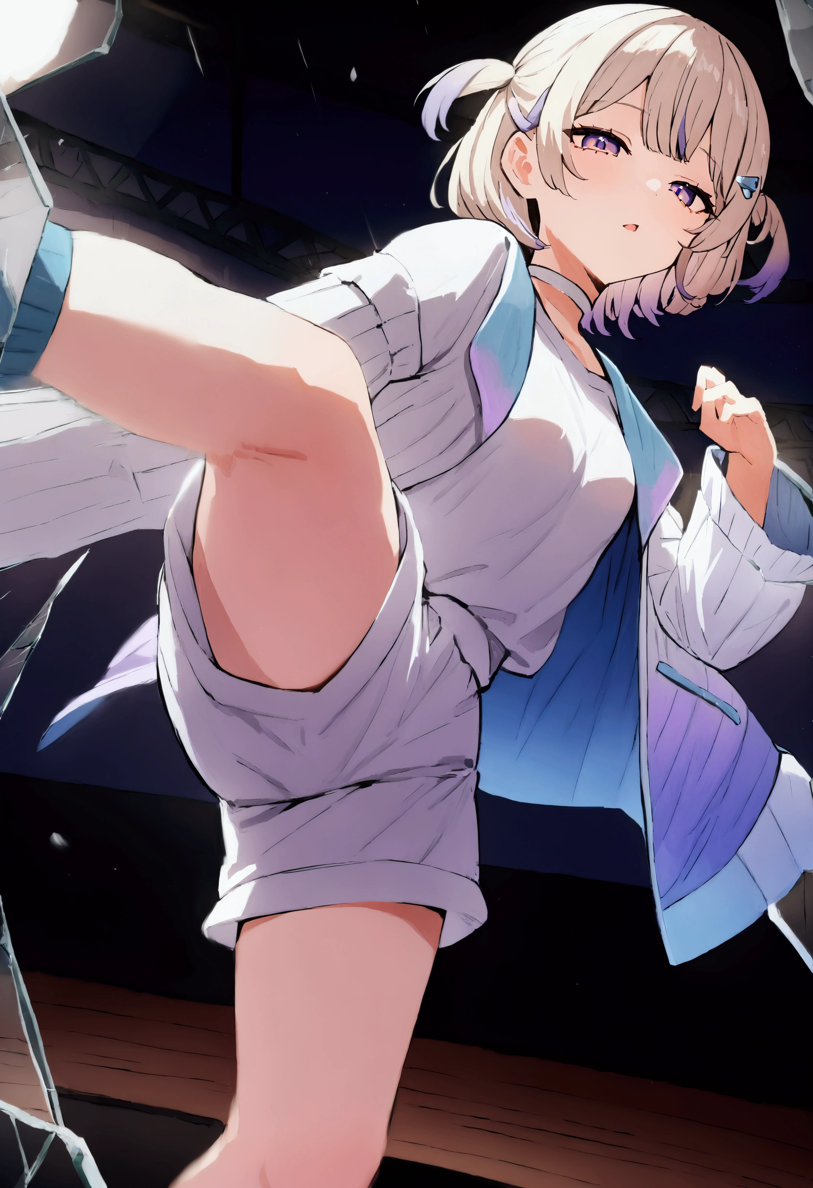 (masterpiece),(absurdres),(ultra detailed),(beautiful detailed),Todoroichi 、 Hololive、HajimeBase、 multicolor hair 、 short hair、 two side up、 hair clips、white choker 、 white shirt、 white jacket 、 gradient jacket、 white shorts、(kicking at viewer),throw,half-closed eyes,parted lips,in the midnight,shoes,(on stage),(stage lighting:1.3),(motion blur:1.1)、(Broken glass、reflection、 Broken Glass ),fullbody shot,