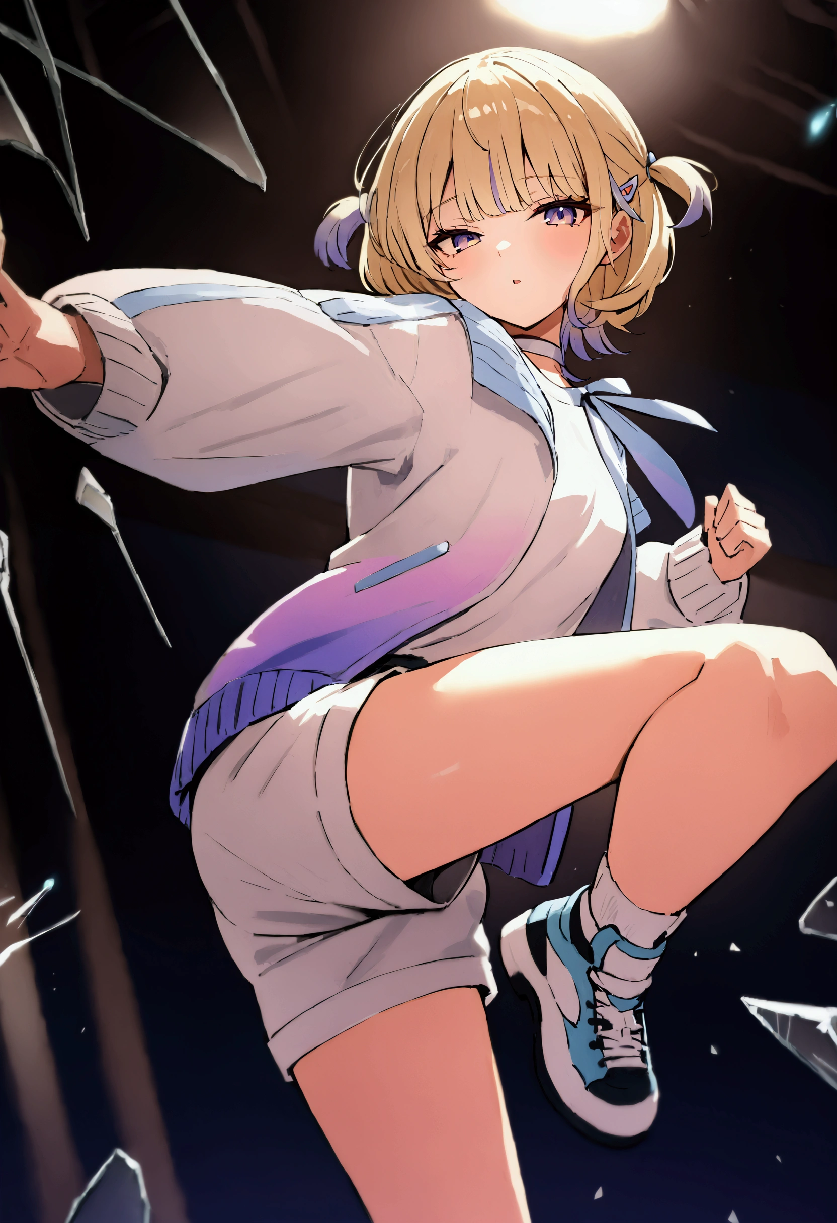 (masterpiece),(absurdres),(ultra detailed),(beautiful detailed),Todoroichi 、 Hololive、HajimeBase、 multicolor hair 、 short hair、 two side up、 hair clips、white choker 、 white shirt、 white jacket 、 gradient jacket、 white shorts、(kicking at viewer),throw,half-closed eyes,parted lips,in the midnight,shoes,(blond twintails with car :1.2),(on stage lighting:1.3),(motion blur:1.1)、Broken glass、reflection、 Broken Glass ,fullbody shot,