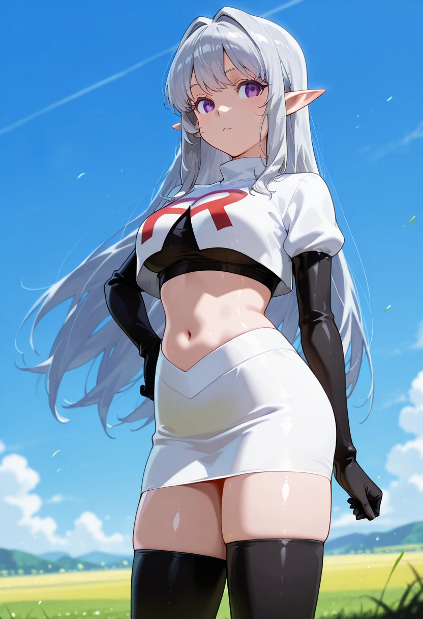 (masterpiece), 1girl, hair over one eye,magical world, shiny steps, beautiful sky, stars, jupiter, ioridef, team rocket,team rocket uniform, red letter R, white skirt,white crop top,black thigh-highs, black elbow gloves