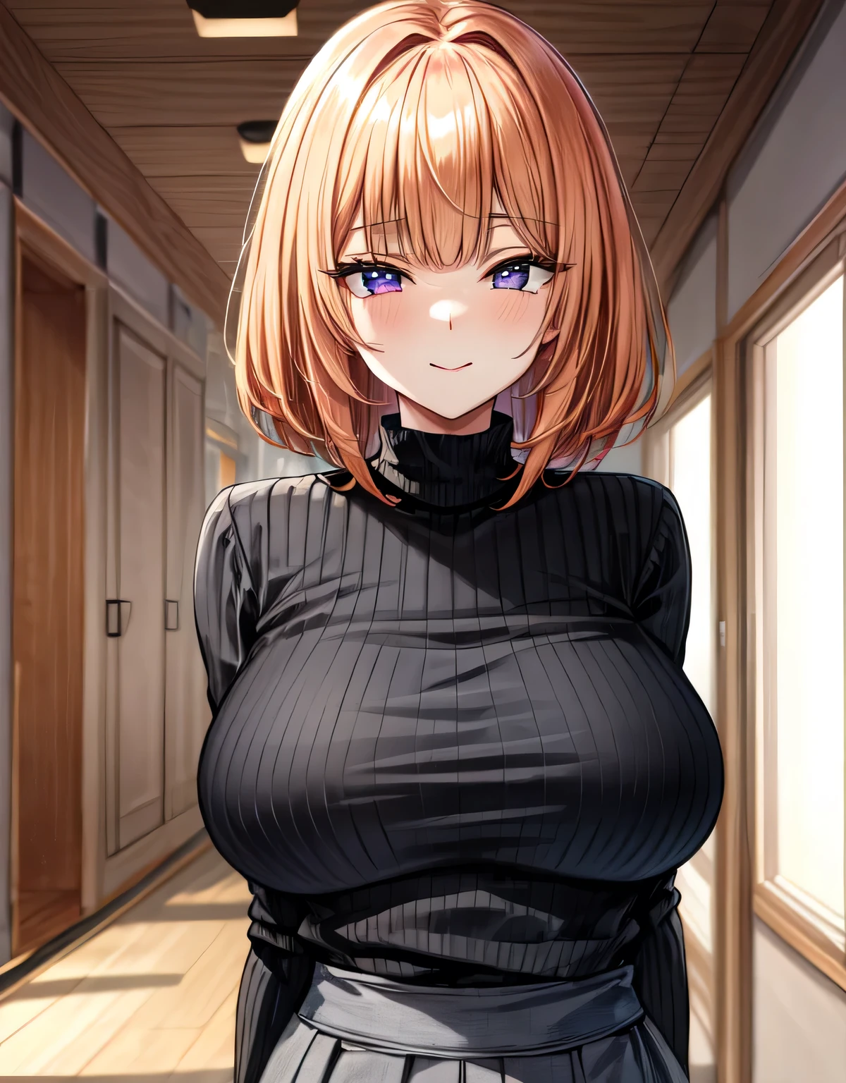 Anime - style image of a woman in a black dress standing in a hallway ...