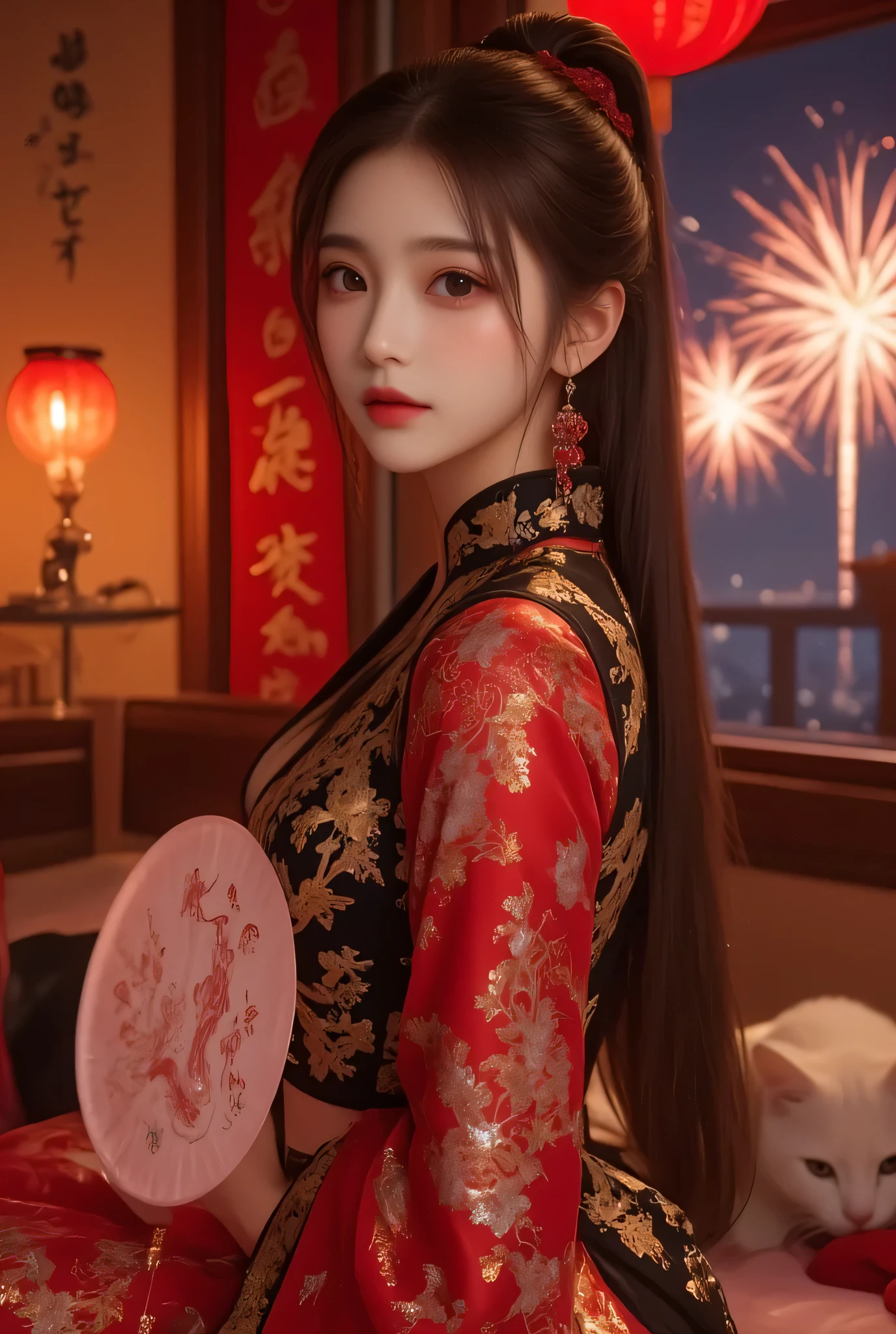 Cat ears、 face up, attractive, pretty girl, ponytail、 (( fine facial features , eroticism)), dramatic lighting , realistic , 8k, Dramatic Shadows , intricate and elaborate patterns , super detailed photo , chiaroscuro lighting , Pleasant colors , deep contrast , super real 、 pink lipstick、 warm room、Vintage Fireplace 、 cinematic composition、Close-up of face, pretty half part transparent open shoulder loose outfits dress, tang style, A beautiful Korean idol wearing a one piece red- black tightly cheongsam with phoenix and intricate floral golden embroidery, golden and silver outline on dress, hand hold pink feathers paper fan with golden ink drawing, standing gracefully in a room filled with traditional Chinese New Year decorations. The room features vibrant red lanterns, decorative calligraphy scrolls, a small Chinese orange tree with golden ornaments, and several red envelopes scattered across the floor and hanging from the tree. Adorable, playful cats are part of the scene—some sitting near the tree, others curiously pawing at the red envelopes or lounging around. Through a window or an open door in the background, vibrant Chinese fireworks light up the night sky in an array of reds, golds, and blues, casting a magical glow into the room. The idol’s outfit is paired with subtle accessories like red hairpins or earrings, complementing the festive look. The atmosphere is warm and lively, filled with the joyful essence of the celebration, enhanced by the shimmering lights of the fireworks and the lively decor.