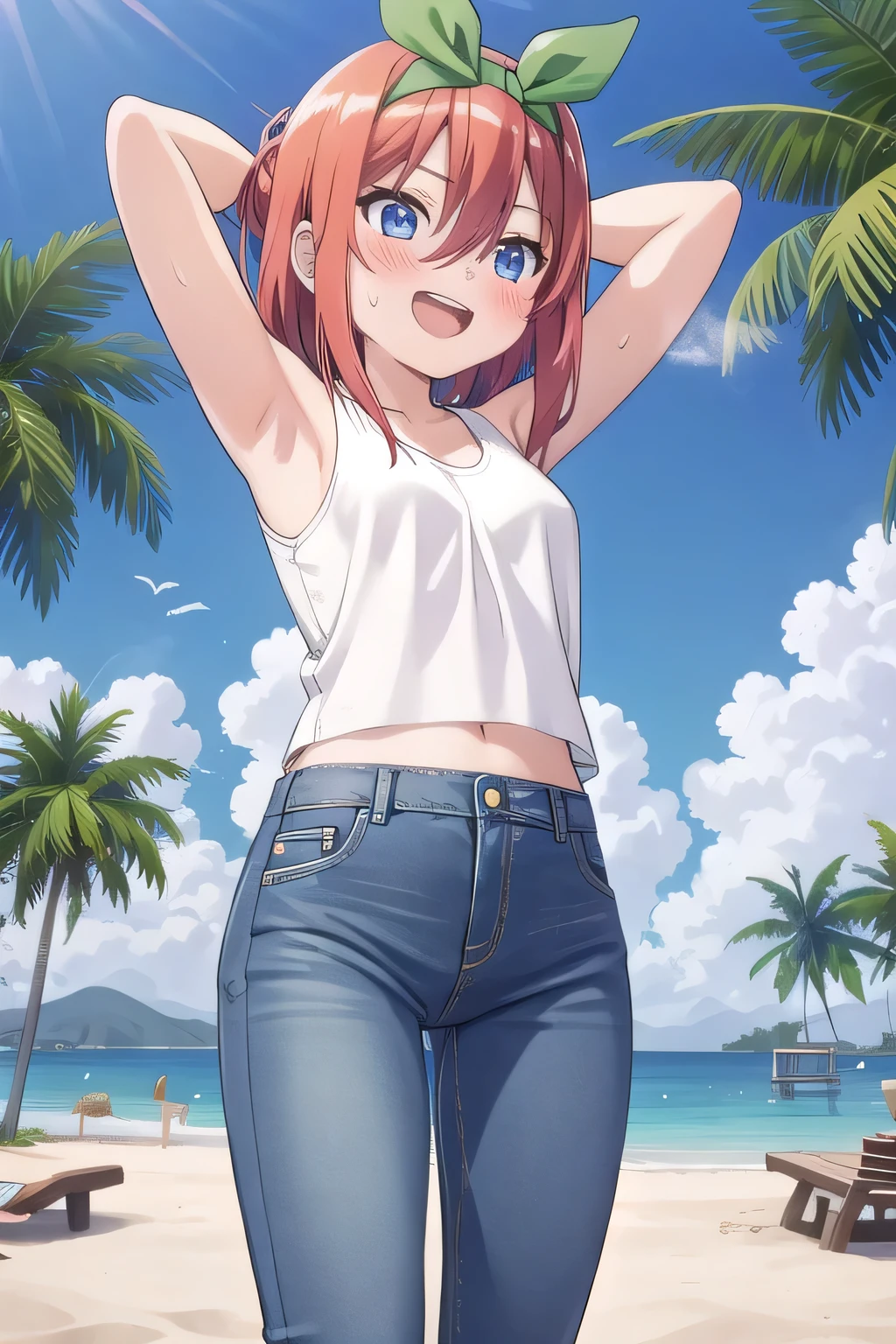 masterpiece,best quality,ultra detail, ((Perfect Face, Perfect Arms, Perfect hands, Perfect Fingers)), 1girl, , peti ((round face, ecstasy, orgasm face, drooping eyes, shame smiling, blush)), dropping eyes, sleepy, Open mouth, White teeth, background((under the beach, (day:1.2), palm tree, bright sky)), yotsuba nakano, bangs, short hair, blue eyes, hair between eyes, hair ribbon, hairband, orange hair, (green ribbon:1.5), ((arms behind head, hands behind head, fingers behind head)), contrapposto, spread armpits, looking at viewer,, (white tank top:1.2), (white crop top:1.2), (jeans pants:1.2, flares jeans:1.2, skinny jeans:1.2, blue jeans:1.2), standing, (legs spread:1.2), sex pose, Sweaty crotch, Steam from the crotch, from below, ((full medium body))