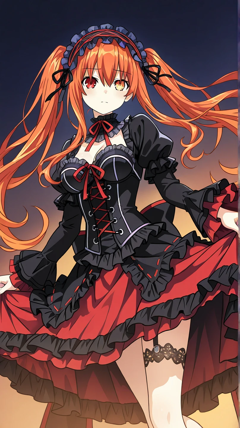An anime-style illustration of Itsuki Nakano from Quintessential Quintuplets wearing Kurumi Tokisaki's iconic gothic lolita outfit from Date a Live. The outfit features black and red frills, a corset-style bodice, and intricate lace details, with a matching headpiece. Itsuki's long red-orange hair is styled to complement the dark and elegant aesthetic, and her expression combines a mix of shyness and confidence. The background is a dark, mysterious setting with clock gears and a faint glow of mystical energy, enhancing the dramatic and stylish atmosphere.