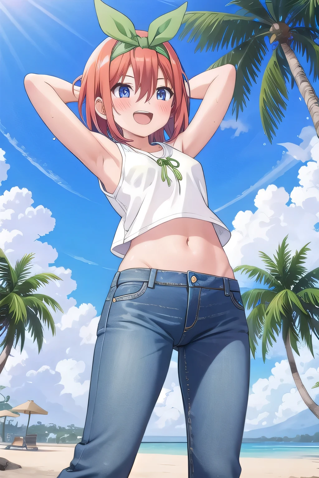 masterpiece,best quality,ultra detail, ((Perfect Face, Perfect Arms, Perfect hands, Perfect Fingers)), 1girl, , peti ((round face, ecstasy, orgasm face, drooping eyes, shame smiling, blush)), dropping eyes, sleepy, Open mouth, White teeth, background((under the beach, (day:1.2), palm tree, bright sky)), yotsuba nakano, bangs, short hair, blue eyes, hair between eyes, hair ribbon, hairband, orange hair, (green ribbon:1.5), ((arms behind head, hands behind head, fingers behind head)), contrapposto, spread armpits, looking at viewer,, (white tank top:1.2), (white crop top:1.2), (jeans pants:1.2, flares jeans:1.2, skinny jeans:1.2, blue jeans:1.2), standing, (legs spread:1.2), sex pose, Sweaty crotch, Steam from the crotch, from below, ((full medium body))