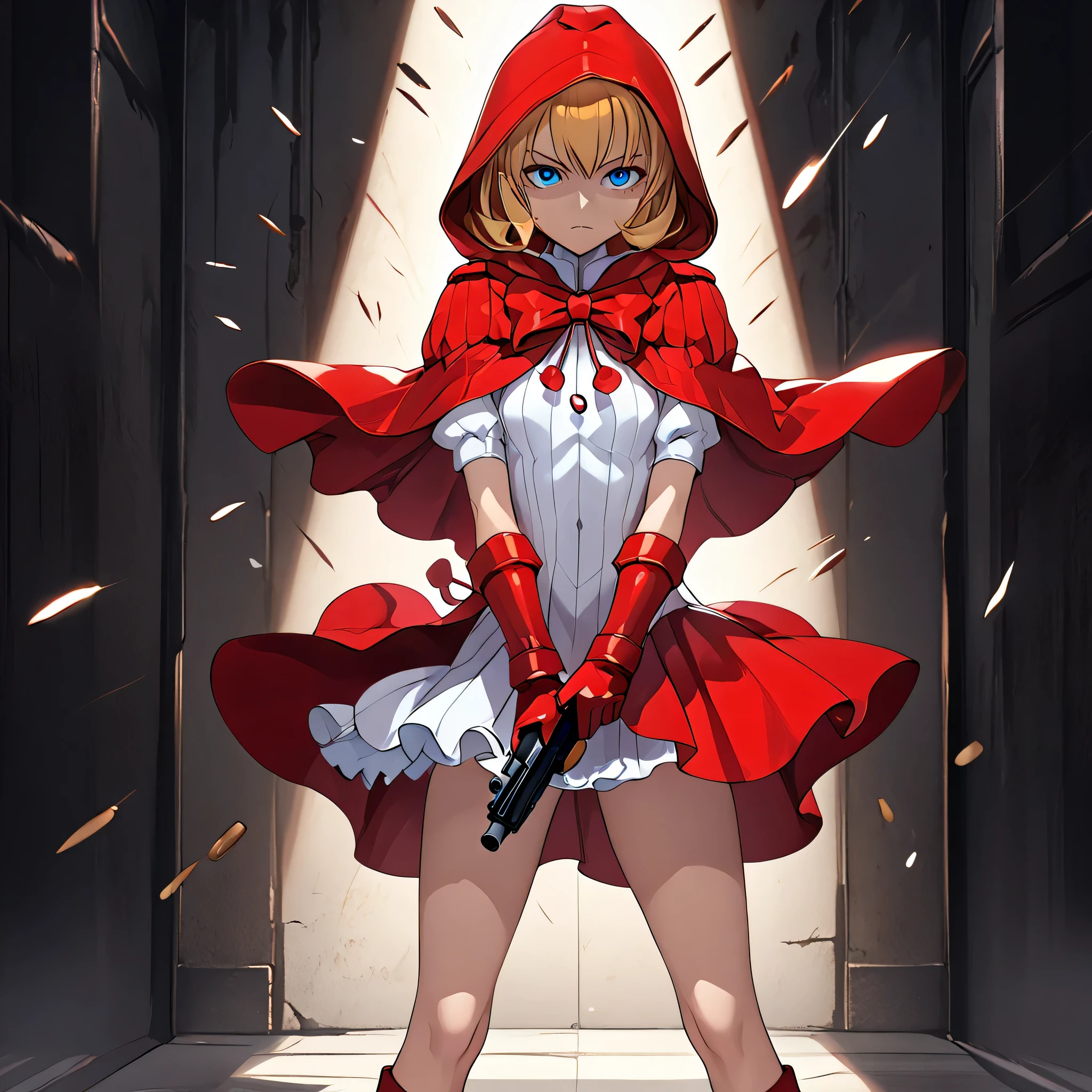anime, (masterpiece), (best quality), (ultra-detailed), (best illustration), (best shadow), (absurdres), (detailed background), (very aesthetic), shiny, detailed beautiful eyes, outstanding, countershading, detailed soft lighting, an exquisite animation illustration, 1girl, solo, anheang, Dollsuit, thighthigh, dark persona, empty eyes, expressionless, blank eyes, looking at viewer, red gloves, full body, emotionless, Fighting Stance, hair ornament, seductive pose, submissive pose, small breast, Bonnie Hood, blonde hair, blue eyes, medium hair, red capelet, red hood, holding gun, gun, bullet