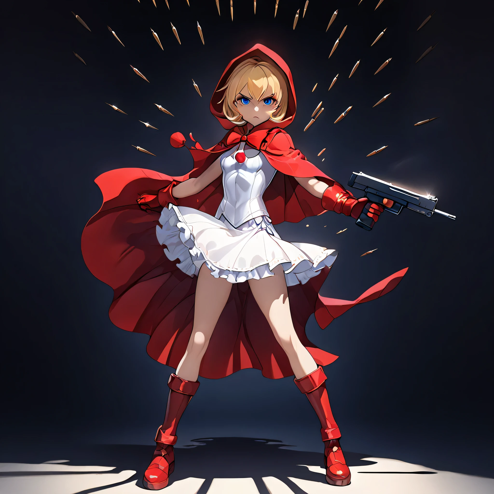 anime, (masterpiece), (best quality), (ultra-detailed), (best illustration), (best shadow), (absurdres), (detailed background), (very aesthetic), shiny, detailed beautiful eyes, outstanding, countershading, detailed soft lighting, an exquisite animation illustration, 1girl, solo, anheang, Dollsuit, thighthigh, dark persona, empty eyes, expressionless, blank eyes, looking at viewer, red gloves, full body, emotionless, Fighting Stance, hair ornament, seductive pose, submissive pose, small breast, Bonnie Hood, blonde hair, blue eyes, medium hair, red capelet, red hood, holding gun, gun, bullet