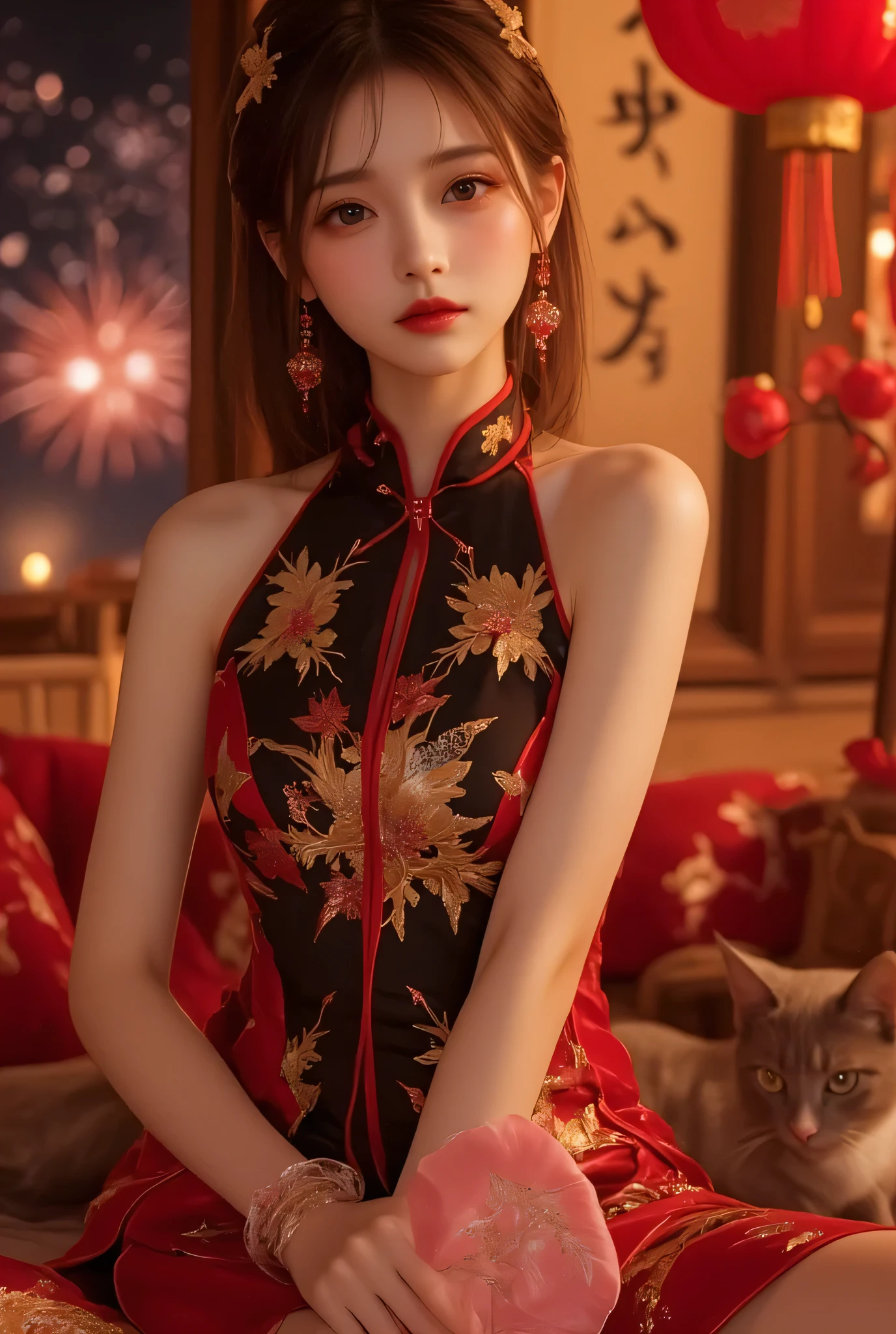Cat ears、 face up, attractive, pretty girl, ponytail、 (( fine facial features , eroticism)), dramatic lighting , realistic , 8k, Dramatic Shadows , intricate and elaborate patterns , super detailed photo , chiaroscuro lighting , Pleasant colors , deep contrast , super real 、 pink lipstick、 warm room、Vintage Fireplace 、 cinematic composition、Close-up of face, pretty half part transparent open shoulder loose outfits dress, tang style, A beautiful Korean idol wearing a one piece red- black tightly cheongsam with phoenix and intricate floral golden embroidery, golden and silver outline on dress, hand hold pink feathers paper fan with golden ink drawing, standing gracefully in a room filled with traditional Chinese New Year decorations. The room features vibrant red lanterns, decorative calligraphy scrolls, a small Chinese orange tree with golden ornaments, and several red envelopes scattered across the floor and hanging from the tree. Adorable, playful cats are part of the scene—some sitting near the tree, others curiously pawing at the red envelopes or lounging around. Through a window or an open door in the background, vibrant Chinese fireworks light up the night sky in an array of reds, golds, and blues, casting a magical glow into the room. The idol’s outfit is paired with subtle accessories like red hairpins or earrings, complementing the festive look. The atmosphere is warm and lively, filled with the joyful essence of the celebration, enhanced by the shimmering lights of the fireworks and the lively decor.