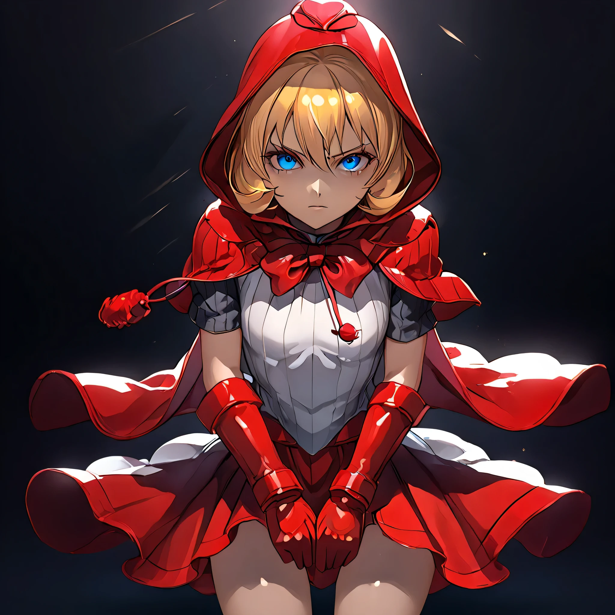 anime, (masterpiece), (best quality), (ultra-detailed), (best illustration), (best shadow), (absurdres), (detailed background), (very aesthetic), shiny, detailed beautiful eyes, outstanding, countershading, detailed soft lighting, an exquisite animation illustration, 1girl, solo, anheang, Dollsuit, thighthigh, dark persona, empty eyes, expressionless, blank eyes, looking at viewer, red gloves, full body, emotionless, Fighting Stance, hair ornament, seductive pose, submissive pose, small breast,  Bonnie Hood, blonde hair, blue eyes, medium hair, capelet