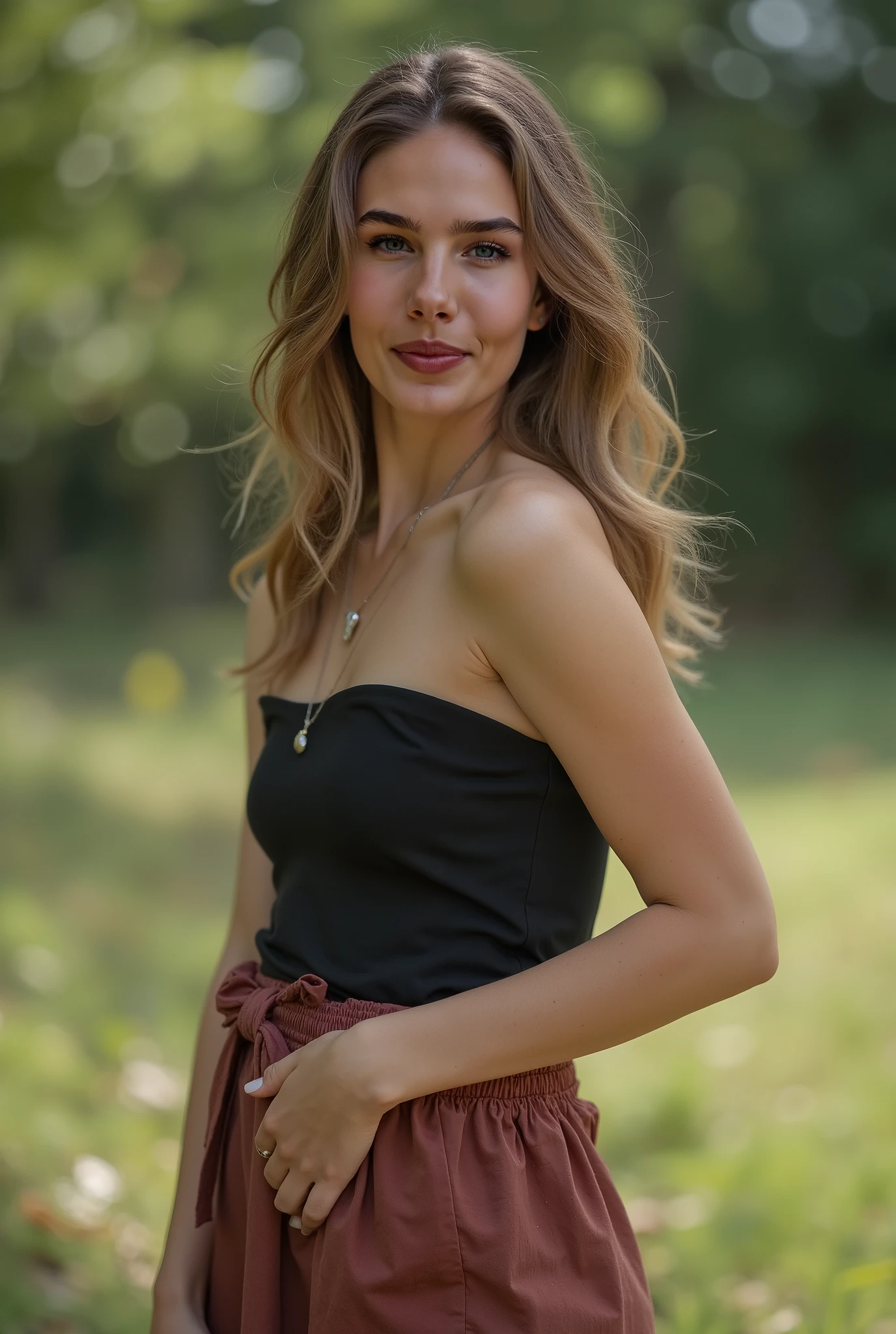 Girl with blue eyes and blonde hair at a photo shoot with a dress in black