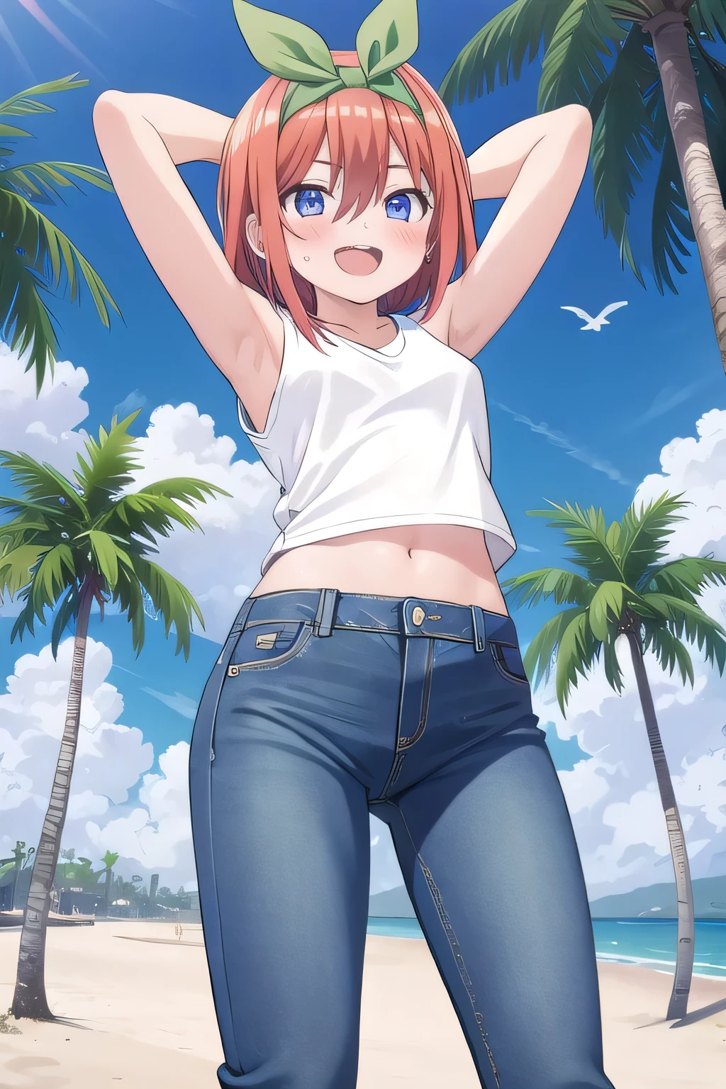 masterpiece,best quality,ultra detail, ((Perfect Face, Perfect Arms, Perfect hands, Perfect Fingers)), 1girl, , peti ((round face, ecstasy, orgasm face, drooping eyes, shame smiling, blush)), dropping eyes, sleepy, Open mouth, White teeth, background((under the beach, (day:1.2), palm tree, bright sky)), yotsuba nakano, bangs, short hair, blue eyes, hair between eyes, hair ribbon, hairband, orange hair, (green ribbon:1.5), ((arms behind head, hands behind head, fingers behind head)), contrapposto, spread armpits, looking at viewer,, (white tank top:1.2), (white crop top:1.2), (jeans pants:1.2, flares jeans:1.2, skinny jeans:1.2, blue jeans:1.2), standing, (legs spread:1.2), sex pose, Sweaty crotch, Steam from the crotch, from below, ((full medium body))