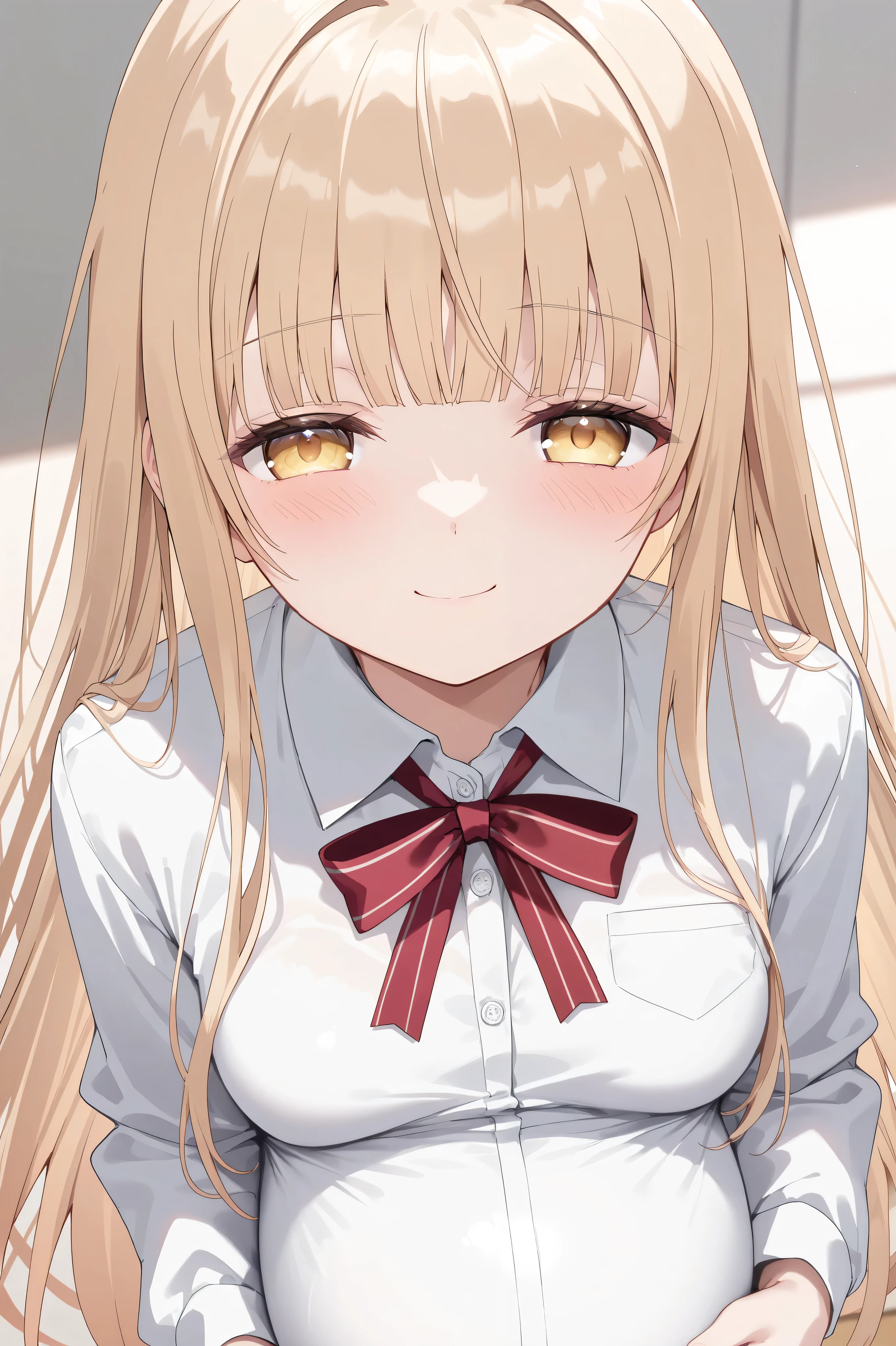 (Best quality, 4k, 8k, high resolution, masterpiece:1.2), ultra detailed, intricate details,SOLO,beautiful girl, alone, school uniform, middle hair, blond hair, blunt bangs,caramel-colored eyes, small breasts, ribbon tie, blush, perfect smooth skin, looking at viewer, Smile lightly, half closed eyes,head tilted, (Pregnant:1.0), Mahiru Shiina, Otonari no Tenshi