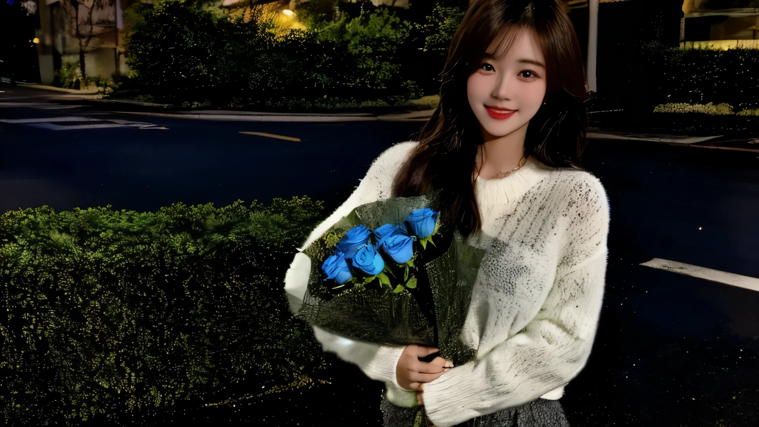   1girl  ,  wearing a white sweater and a thick floral skirt,  standing on the street at night ,  holding a bunch of flowers . She slightly lowered her head , smiling gently at the flowers . A Masterpiece ,  First perspective .blue rose ，  high resolution , Standing，close up， Bust 