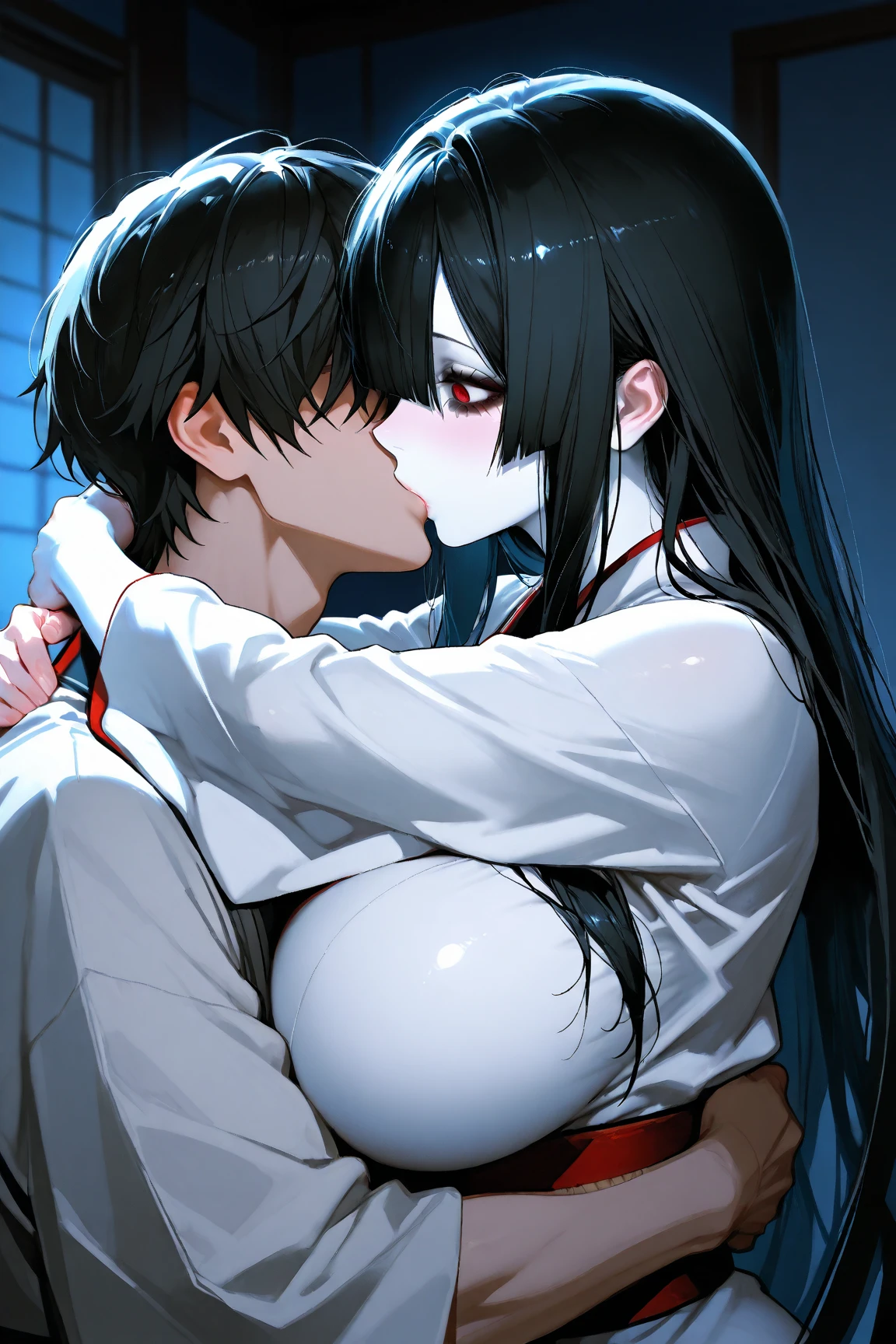 a boy in a black clothes kissing a girl hard, saliva dripping, moaning expression, detailed anime style, 8k, ultra-detailed, photorealistic, hyper-realistic, dramatic lighting, vivid colors, masterpiece