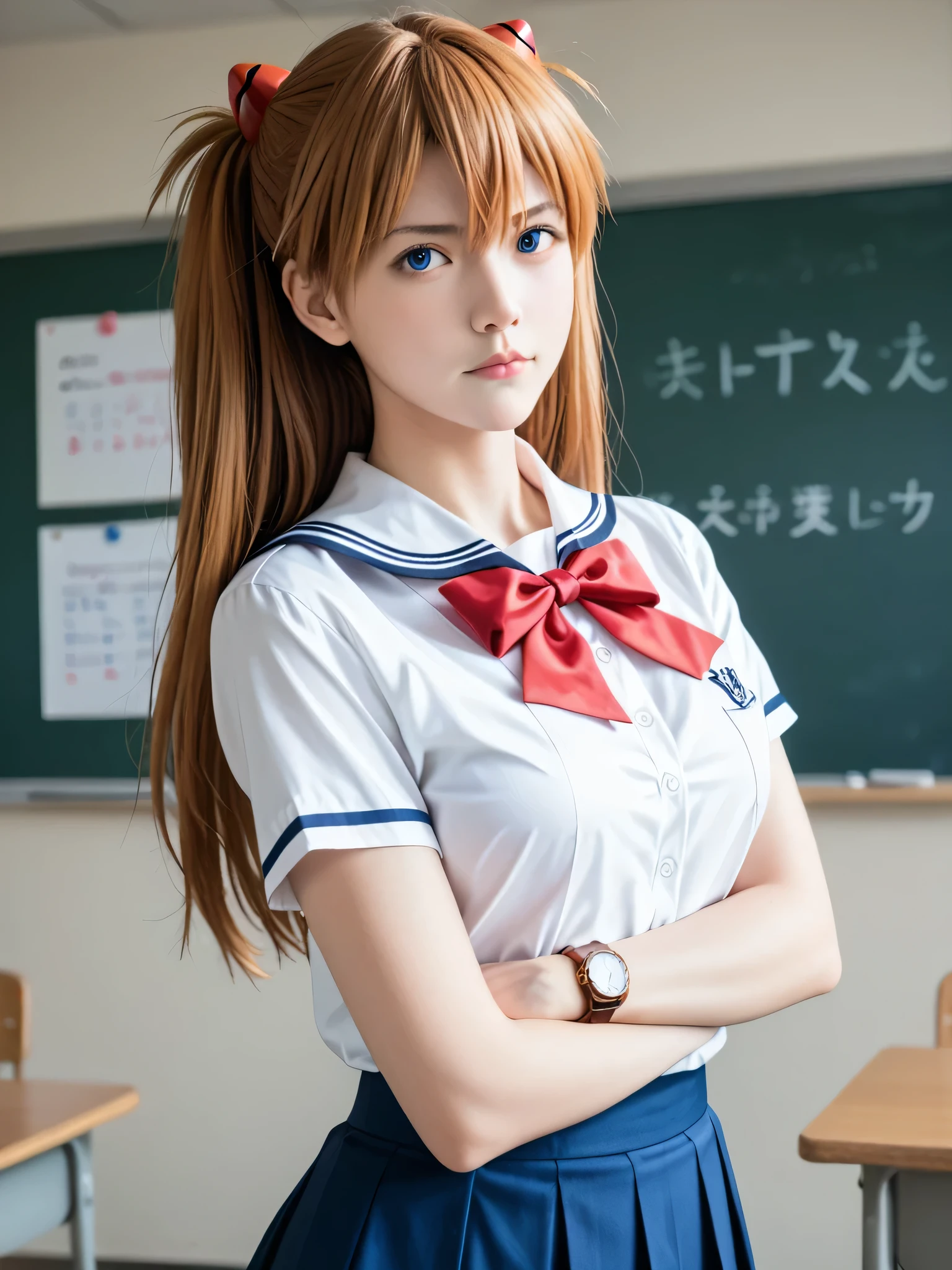 score_9, score_8_up, score_7_up, source_photo, realistic, photo, dramatic shadows, (((masterpiece, best quality))), ((((best quality, realistic, photo-realistic)))), ((((photorealistic)))), (((19 years old))), 1girl, asuka langley soryu, (souryuu asuka langley:1.5), ((((blue eyes))))), hair between eyes, skirt, shirt, ribbon, school uniform, white shirt, short sleeves, blue skirt, suspenders, watch, suspender skirt, wristwatch, perspective, ((((dynamic angle)))), orange hair, depth of field, sharp focus, (((eva school uniform))), (((tokyo-3 middle))), ((((indoor)))), ((((classroom)))), ((((students in the background)))), blurry background, Detailed face, ((((medium breasts)))), big breasts, ((solo)), busty, ((1girl)), beautiful breasts, beautiful ass, love, caring, blush, appreciate, caring eyes, droopy eyes, shiny skin, beautiful breasts, beautiful ass, cute face, (((pretty sister))), ((pretty)), playfully scolding the viewer, Beautiful eyes, (((big eyes:1.3))), (((sensual vibe))), ((((feeling pleasure)))), ((((ideal body)))), ((energetic)), ((perfect fingers)), ((((night)))), ((((seductive pose)))), ((((sexy pose)))), (((realistic:1.4))), ((((standing)))), ((((both hands on your back)))), ((((put your hands on your back)))), ((((arms crossed with a pout)))), ((((white panties)))), ((((angry face))))