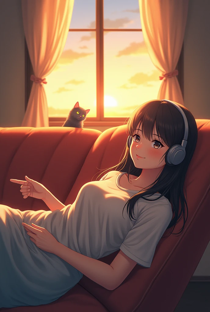 A girl relaxing on a sofa listening to music with headphones in a room at dusk。profile。Cute cat nearby。It's dusk outside。Japanese anime style
