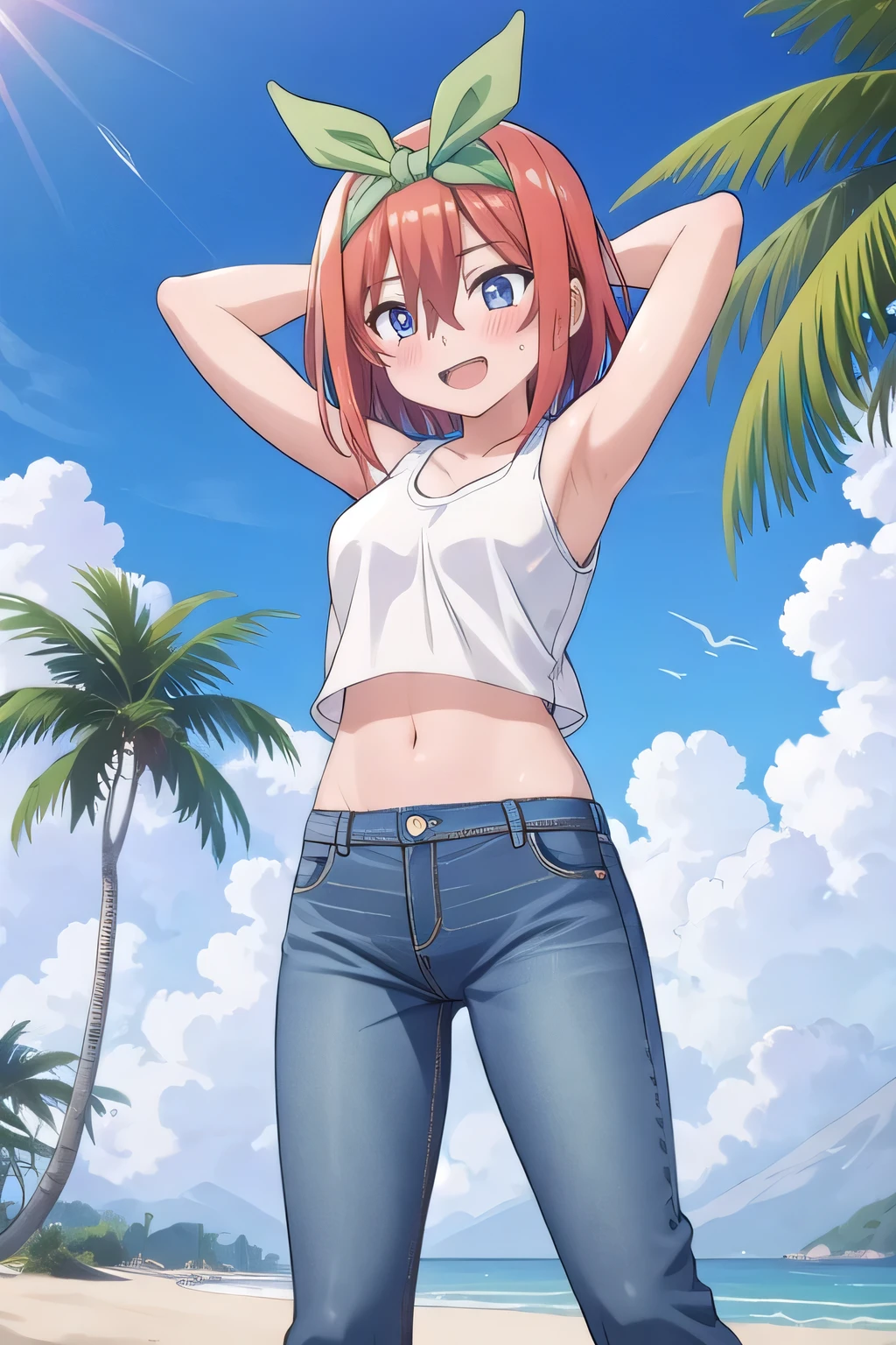 masterpiece,best quality,ultra detail, ((Perfect Face, Perfect Arms, Perfect hands, Perfect Fingers)), 1girl, , peti ((round face, ecstasy, orgasm face, drooping eyes, shame smiling, blush)), dropping eyes, sleepy, Open mouth, White teeth, background((under the beach, (day:1.2), palm tree, bright sky)), yotsuba nakano, bangs, short hair, blue eyes, hair between eyes, hair ribbon, hairband, orange hair, (green ribbon:1.5), ((arms behind head, hands behind head, fingers behind head)), contrapposto, spread armpits, looking at viewer,, (white tank top:1.2), (white crop top:1.2), (jeans pants:1.2, flares jeans:1.2, skinny jeans:1.2, blue jeans:1.2), standing, (legs spread:1.2), sex pose, Sweaty crotch, Steam from the crotch, from below, ((full medium body))