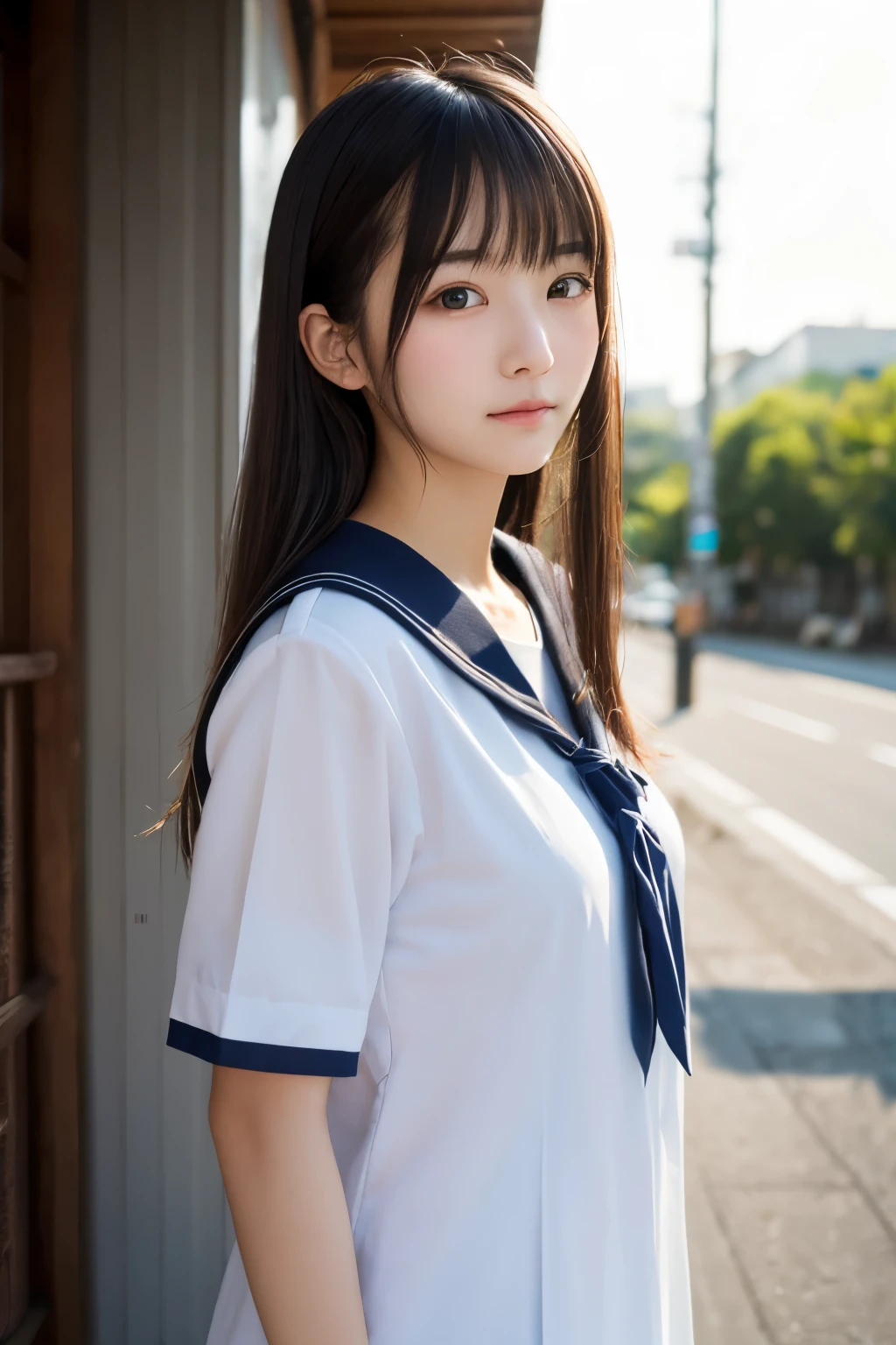 13years、brown haired、beautidful eyes、real looking skin、hi-school girl、a sailor suit、small tits、(8K、masterpiece)、(reallistic、Photorealsitic)、top-quality、ighly detailed、The ultra-detailliert、Beautie、cute little、japanes、Idol、a smile、Close-up portrait、Healthy face