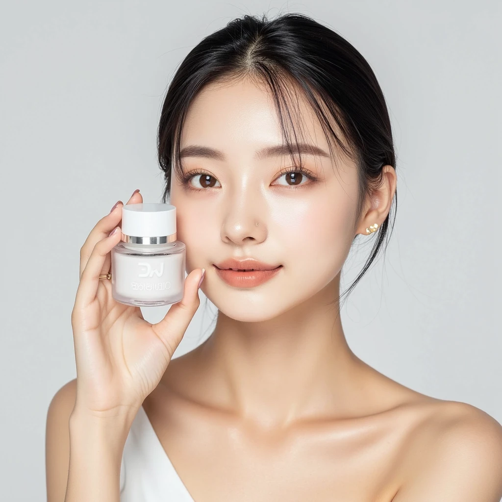 There is a woman holding a small bottle in her hand, Photo shoot for skin care brand, professional product photo, pale milky white porcelain skin, woman with porcelain skin, Porcelain Highlighter Skin, face neck shoulders, Smooth porcelain skin, Milky skin, you used to be, professional product shot, Skin glows, perfect face model, porcelain white skin, Skin glows