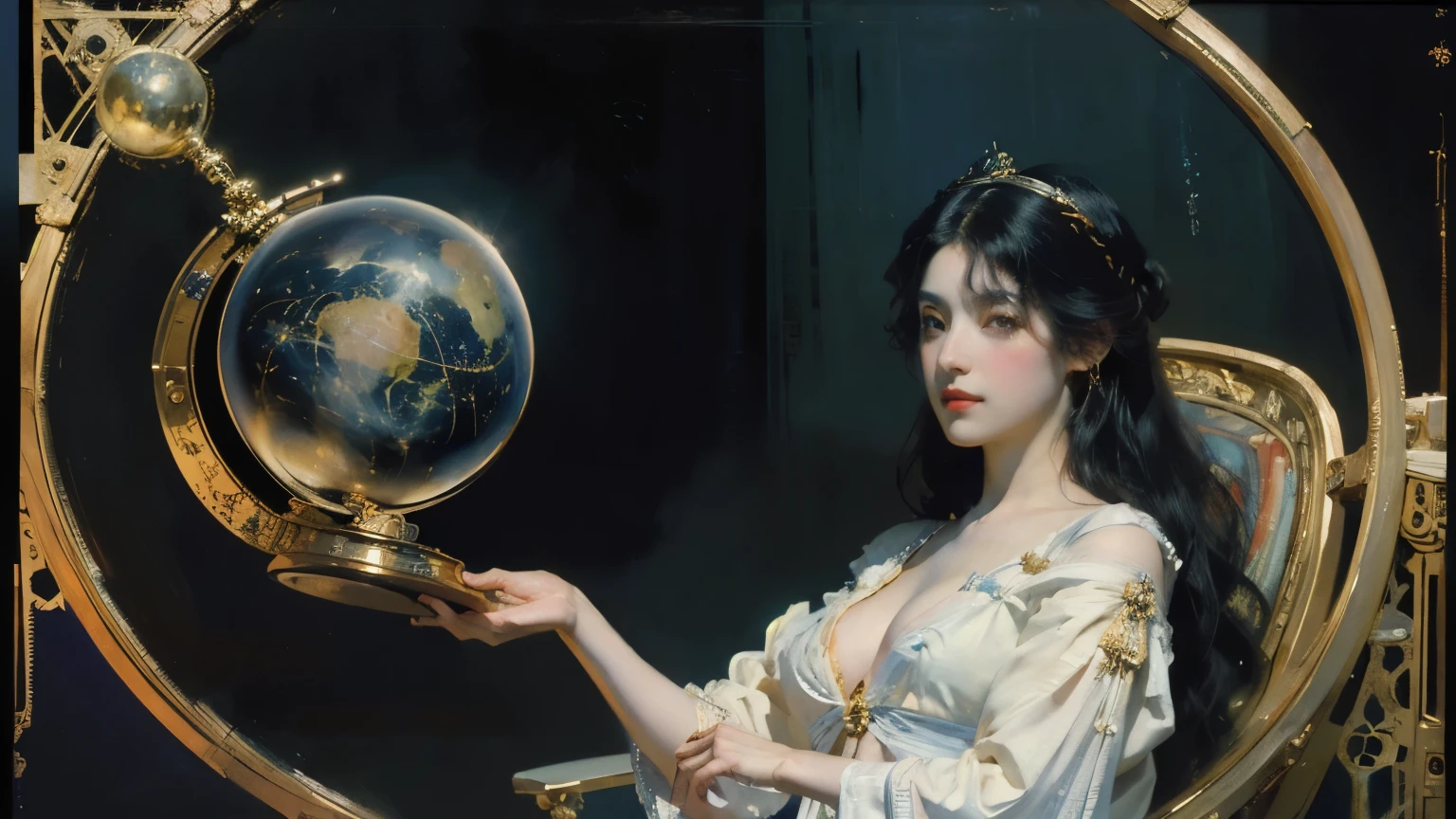 realistic, (masterpiece, top quality, Best quality, official art, Beautiful and aesthetically pleasing: 1.2), Very detailed, fractal art, Colorful, The most detailed, (Abstract background: 1.5) (1 girl with aesthetic small breasts: 1.3), disheveled shaggy slightly wavy dark brown hair, Bright brown eyes, glasses with lenses, serious, medium length hair, , Milky Way, huge magical bronze and silver Earth globe for Virgo, dream,fantasy, bronze and silver circular trim,beautiful detailed sky,Style and Decoration for Virgo, goddess with the globe in her hands,(NFV:0.8) Delicate reflective and high glass railing board