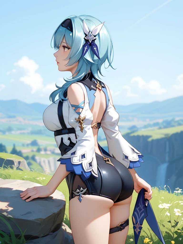 Euladef, parte superior do corpo, sorrir, nude, dia, fundo simples, blue skies, cabelo curto, ass, cum no corpo, , bukkake, , ahegao