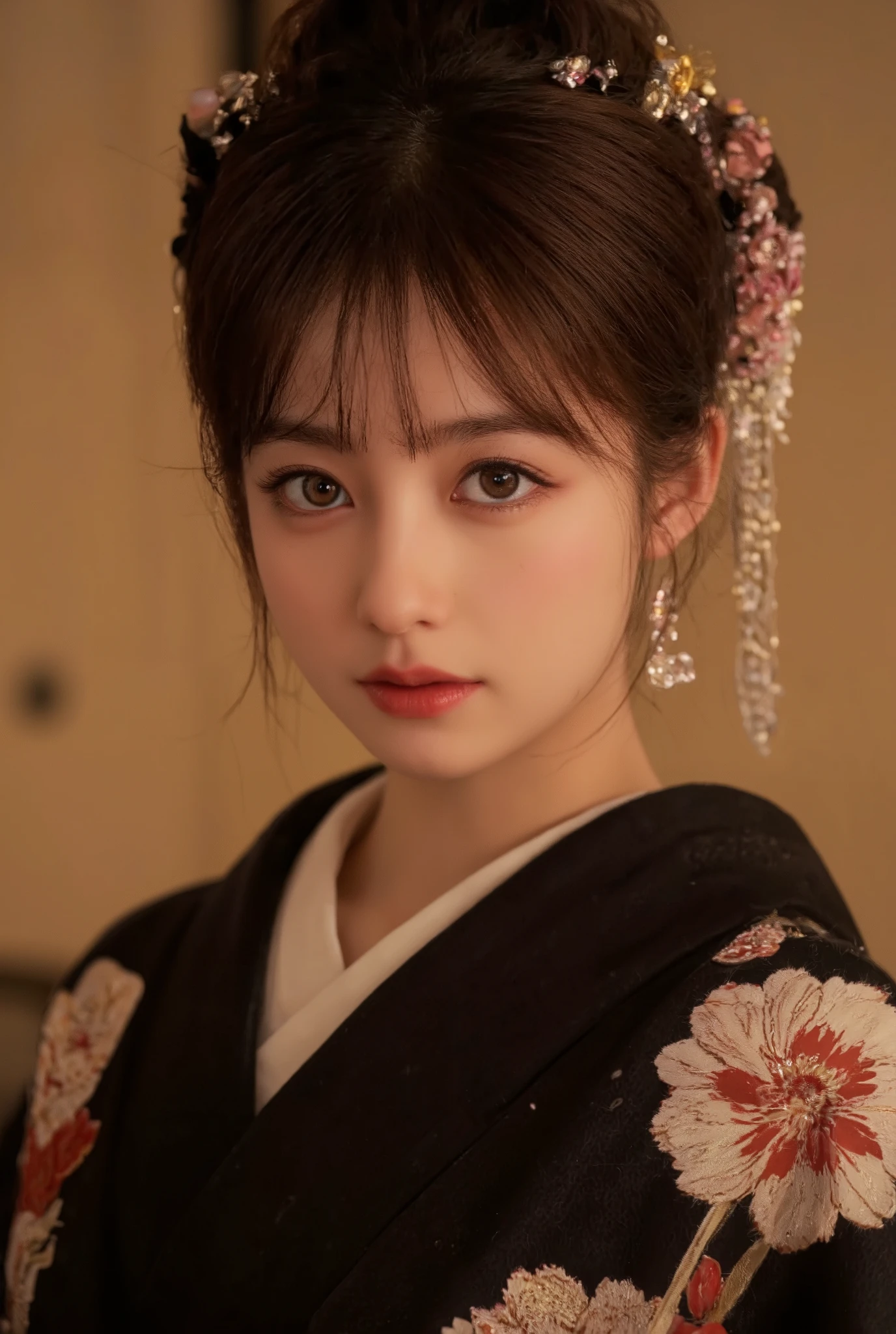 Beautiful, detailed eyes , beautiful, detailed lips, highly detailed eyes and face , long lashes, Elegant Traditional Coming-of-Age , Detailed Traditional Japanese Kimono, Detailed jewelry, Detailed Headdress , calm expression, warm lights, soft focus , high contrast, dramatic shadows , Tone Down Color Palette , Award-winning photo