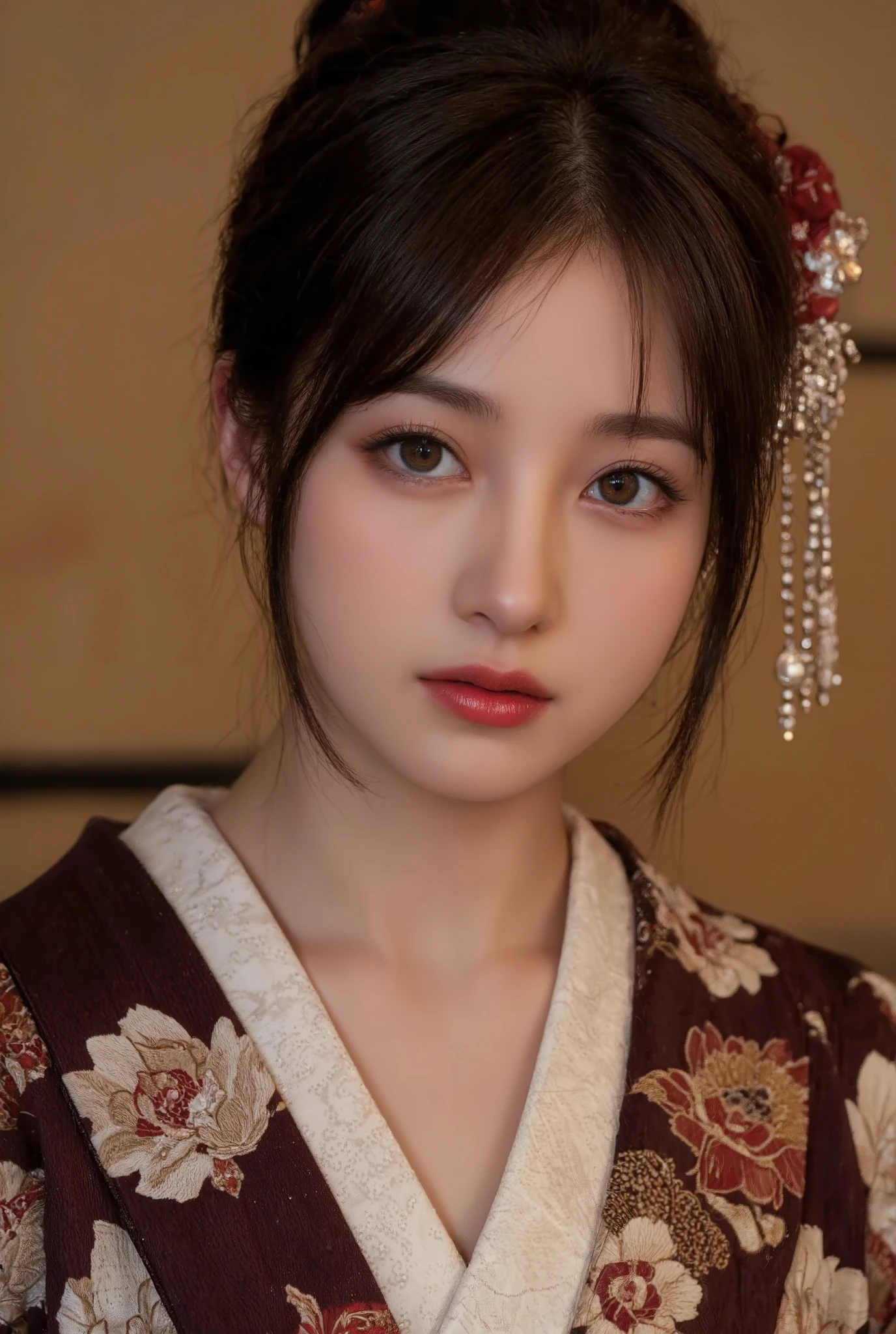 Beautiful, detailed eyes , beautiful, detailed lips, highly detailed eyes and face , long lashes, Elegant Traditional Coming-of-Age , Detailed Traditional Japanese Kimono, Detailed jewelry, Detailed Headdress , calm expression, warm lights, soft focus , high contrast, dramatic shadows , Tone Down Color Palette , Award-winning photo