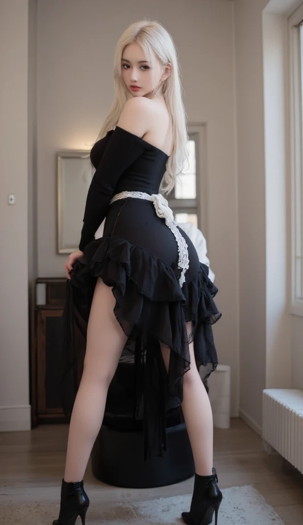 (highres, high quality:1.2), intricate details, cinematic lighting, retro artstyle, RisaMizutani, 1girl, mature female, solo, (all fours:1.2), on floor, ass focus, upskirt, from side, embarrassed, blush, blonde hair, long hair, brown eyes, earrings, jewelry, maid, maid headdress, maid apron, black shirt, puffy short sleeves, bowtie, elbow gloves, fingerless gloves, miniskirt,( white thighhighs:1.1), high heels, garter straps, white (panties:1.1), (curvy:1.1), large breasts, ass, indoors, luxury room, window, mansion,