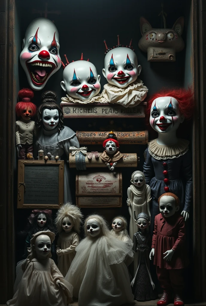 Heads of a group of bloody clowns, heads piled in shopping carts, no body, no eyes, eyes looking at me, bleeding, devout believers, in Tokyo convenience store, dark black tones, black and white tones, blood red, gloomy, award-winning photos, close-ups