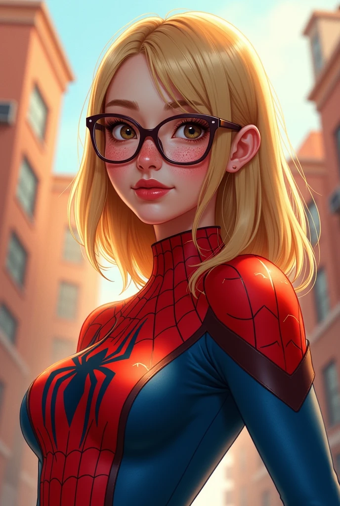 Girl with medium curly brown hair with golden tips, medium blonde,slim, medium chest, dressed as spider men, wearing a purple glasses with gentle smile expression.