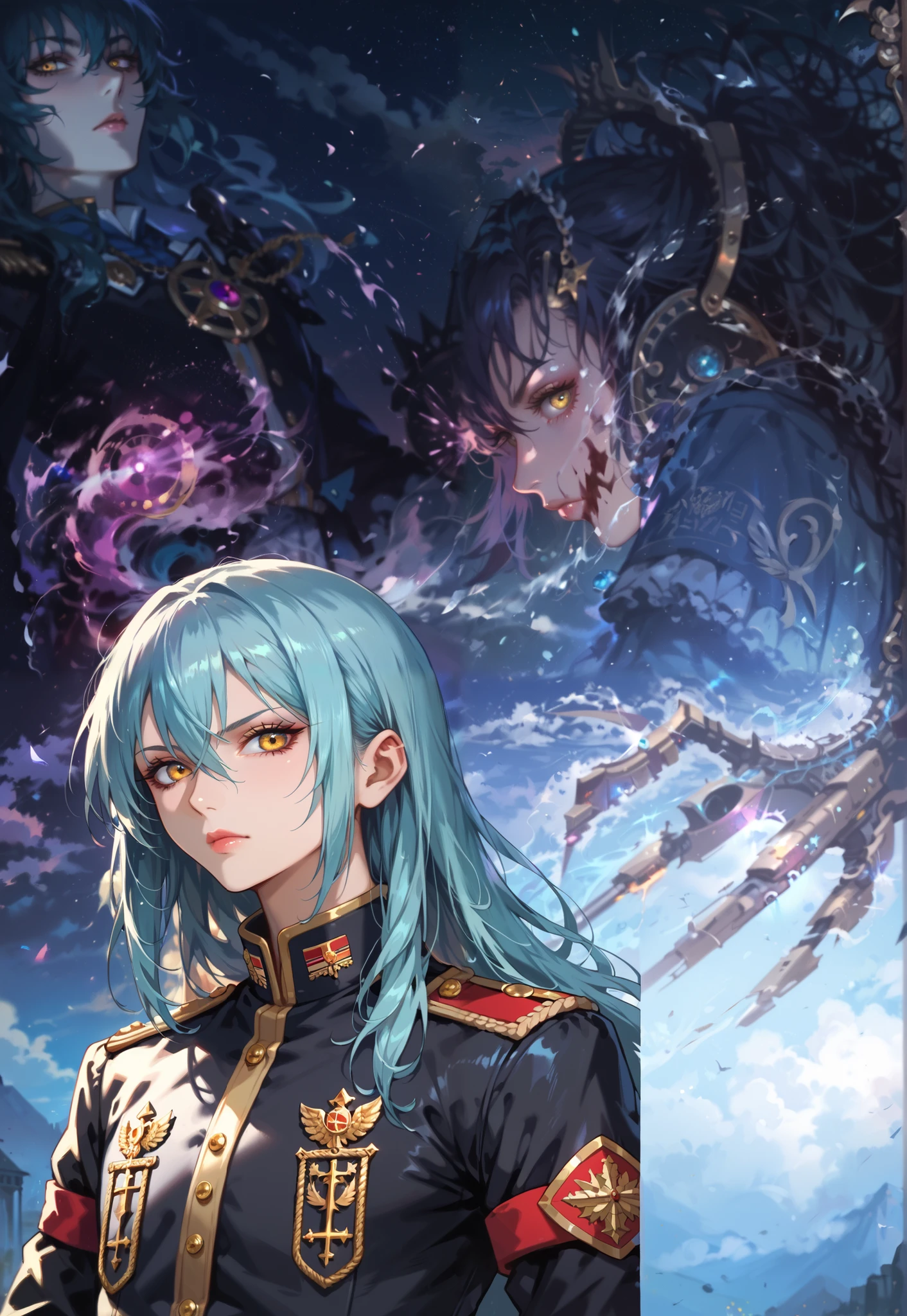 portrait, score_7 up, score_8 up, score_9 up, Masterpiece, tensura, Rimuru, Portrait up to waist, glowing golden yellow eyes, petite male, serious expression, aqua blue (color of sky) hair, long hair, 1other, hair between eyes, looking at viewer, bangs, solo, androgynous, no skin exposure, pitch black uniform, full sleeves military admiral uniform, black European military uniform, military general, golden badges, outdoors, deep pink lips, shiny hair, ((masterpiece)) , black kingly clothes with gold lining, , black elbow gloves, immersive background, Warhammer 40000, Warp Storm
