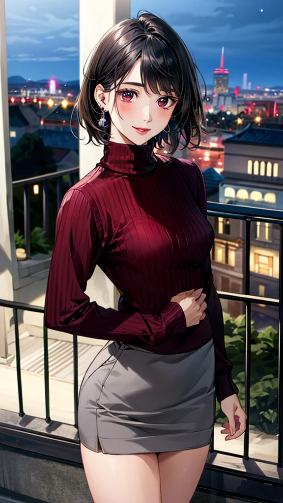 sksbrooke person, sksbrooke, (masterpiece:1.2), (best quality:1.2), perfect eyes, perfect face, 1girl, solo, brown eyes, (medium breasts), perky breasts, seductive look, red sexy virgin killer sweater dress, porch, back view, hands on butt, bottom view