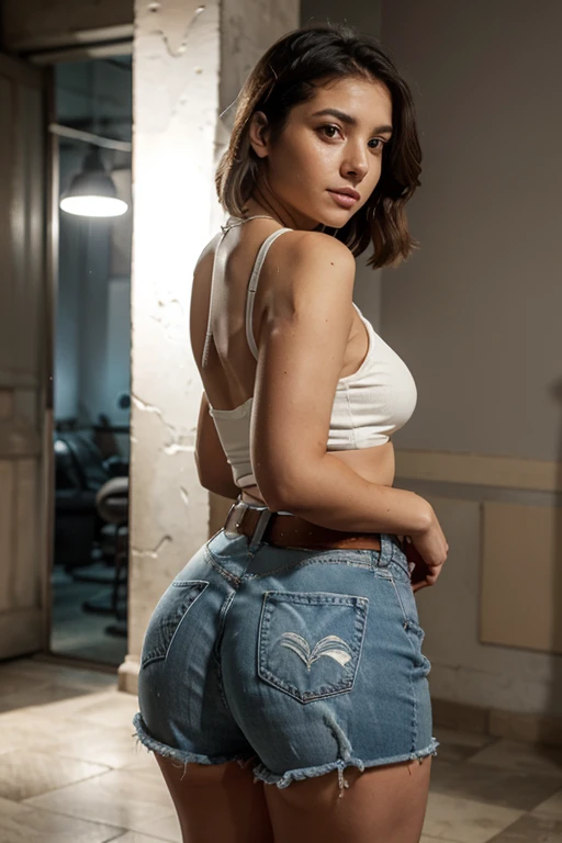 there is a woman standing in a living room with a remote control, in blue shorts and a red tank top, side shot, thick thighs, back view, pov shot, side portrait, looking from the side, full body wide shot, red sports bra and dark blue shorts, wearing blue shorts and a red t-shirt, waist shot, side shot, side profile shot, back shot, side view, big thighs, masterpiece, 16K. Sharp photo, high quality, high resolution (ultra quality masterpiece), Ultra HD, high contrast, 16K. Masterpiece: 1.3, high resolution, (photographically realistic), NUDE, NUDITY, NFSW.