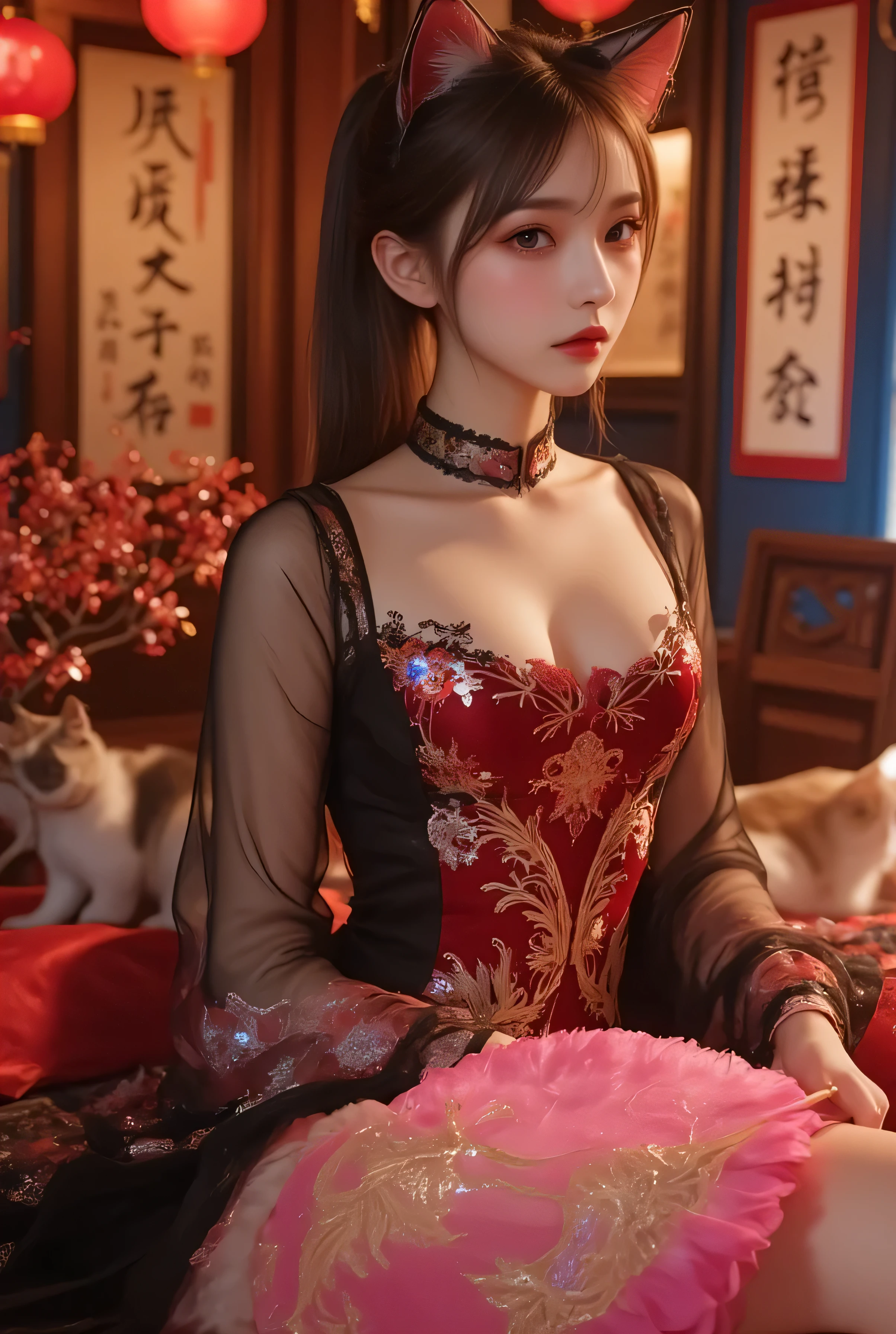 Cat ears、 face up, attractive, pretty girl, ponytail、 (( fine facial features , eroticism)), dramatic lighting , realistic , 8k, Dramatic Shadows , intricate and elaborate patterns , super detailed photo , chiaroscuro lighting , Pleasant colors , deep contrast , super real 、 pink lipstick、 warm room、Vintage Fireplace 、 cinematic composition、Close-up of face, pretty half part transparent open shoulder loose outfits dress, tang style, A beautiful Korean idol wearing a one piece red- black tightly cheongsam with phoenix and intricate floral golden embroidery, golden and silver outline on dress, hand hold pink feathers transparent Chinese fan with golden ink drawing, standing gracefully in a room filled with traditional Chinese New Year decorations. The room features vibrant red lanterns, decorative calligraphy scrolls, a small Chinese orange tree with golden ornaments, and several red envelopes scattered across the floor and hanging from the tree. Adorable, playful cats are part of the scene—some sitting near the tree, others curiously pawing at the red envelopes or lounging around. Through a window or an open door in the background, vibrant Chinese fireworks light up the night sky in an array of reds, golds, and blues, casting a magical glow into the room. The idol’s outfit is paired with subtle accessories like red hairpins or earrings, complementing the festive look. The atmosphere is warm and lively, filled with the joyful essence of the celebration, enhanced by the shimmering lights of the fireworks and the lively decor.