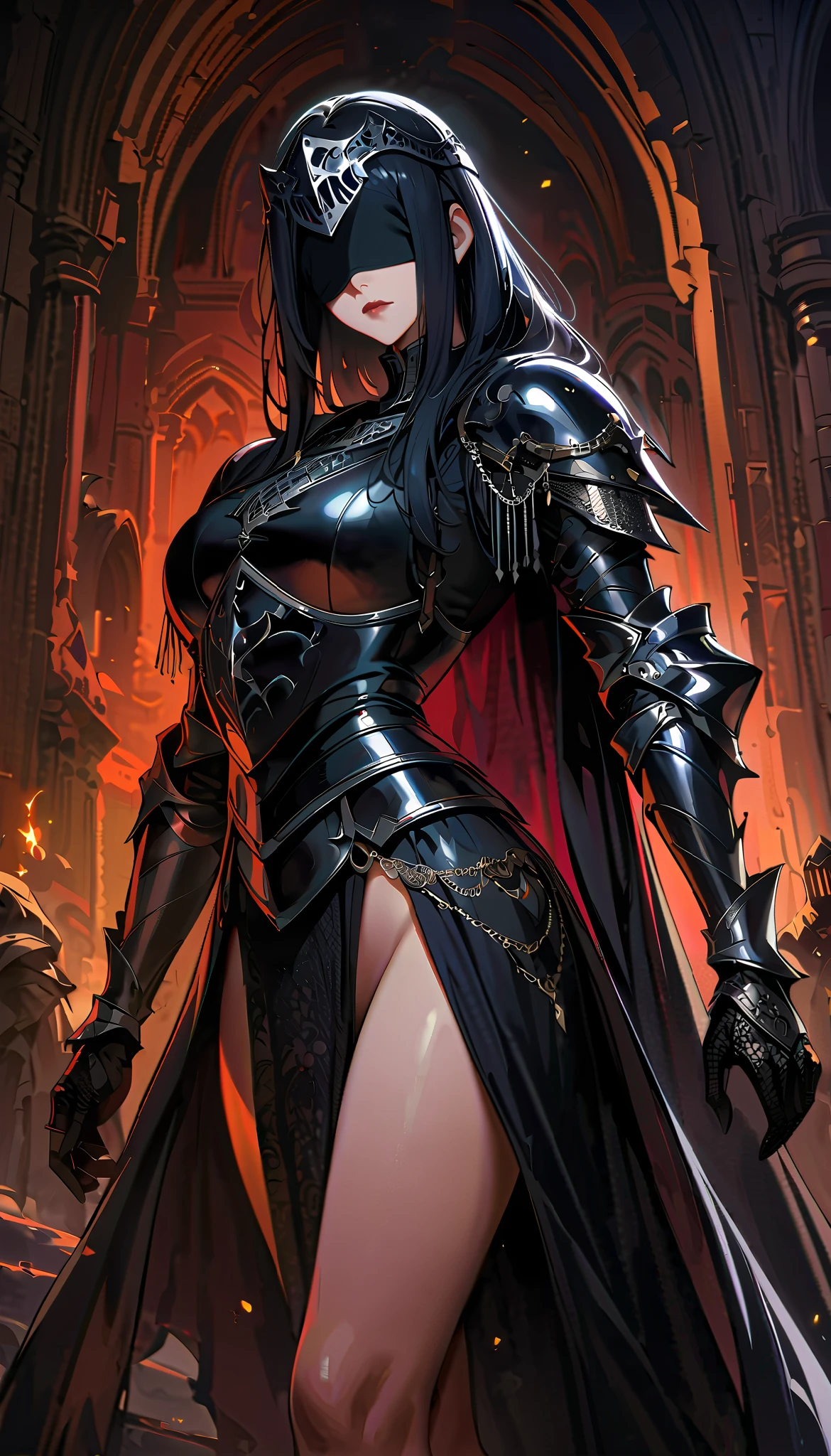 (high quality, 8k, 4K, high contrast, artwork:1.2, high quality, best aesthetics), (centered), ((1 woman)), slim long legs body, mature woman, super detailed, beautiful face detailed, detailed beautifull mouth, (long wavy black hair), (both eyes blindfolded), (blindfolded), (black blindfold), (serious expression), (black lipstick), (front view), (standing), (black revealing leather medieval fantasy armor), (long black cape), (medieval knight), (Nude:1.0)