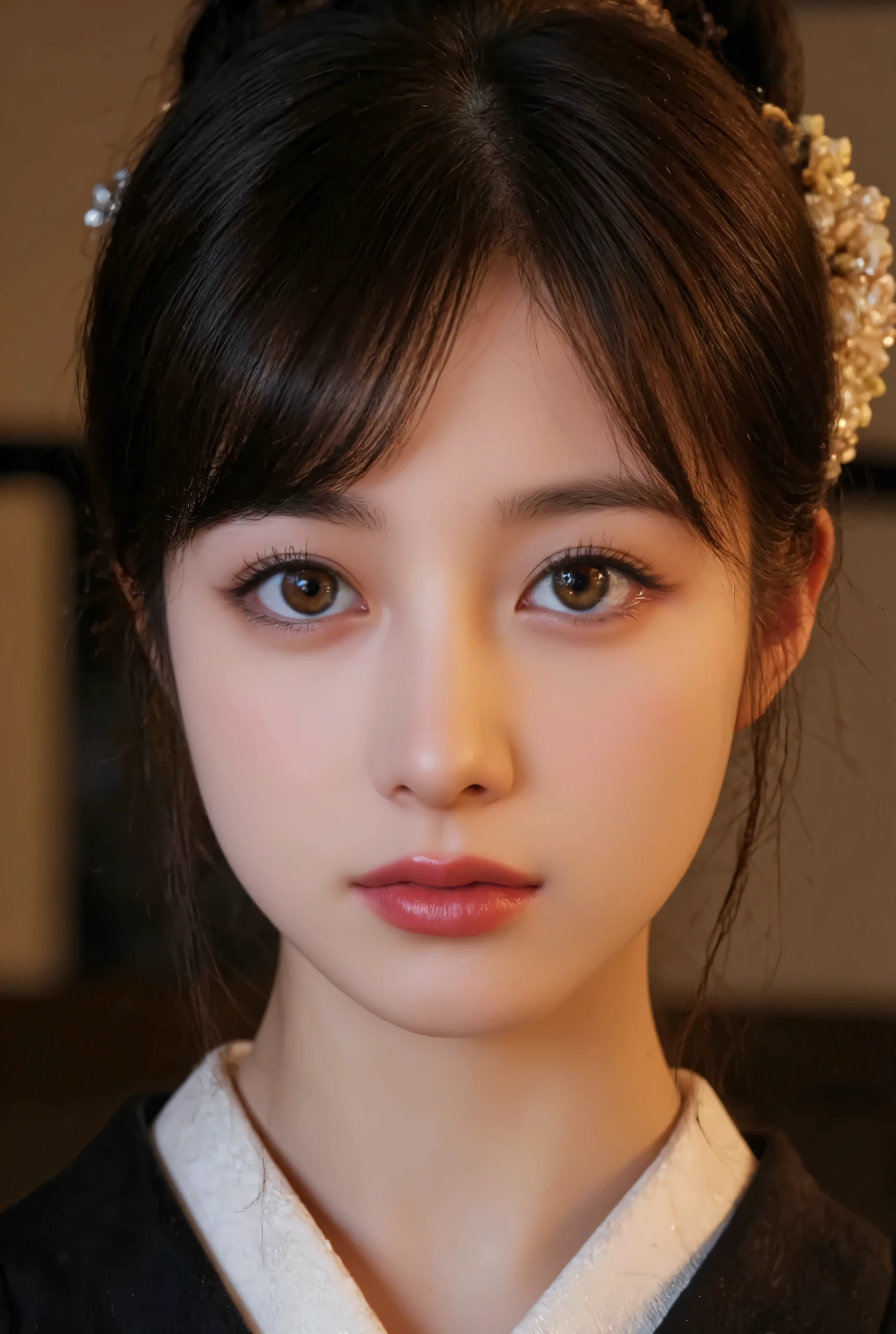 Beautiful, detailed eyes , beautiful, detailed lips, highly detailed eyes and face , long lashes, Elegant Traditional Coming-of-Age , Detailed Traditional Japanese Kimono, Detailed jewelry, Detailed Headdress , calm expression, warm lights, soft focus , high contrast, dramatic shadows , Tone Down Color Palette , Award-winning photo