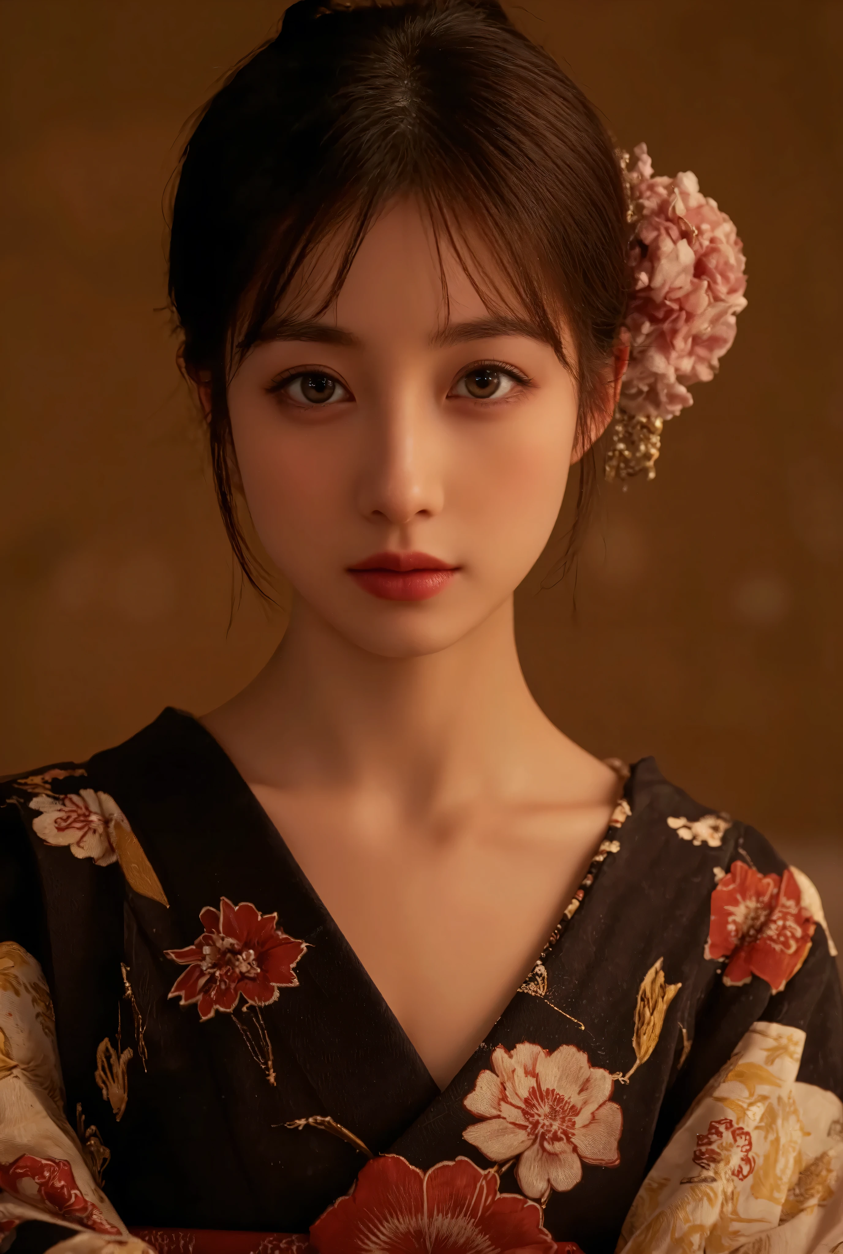 Beautiful, detailed eyes , beautiful, detailed lips, highly detailed eyes and face , long lashes, Elegant Traditional Coming-of-Age , Detailed Traditional Japanese Kimono, Detailed jewelry, Detailed Headdress , calm expression, warm lights, soft focus , high contrast, dramatic shadows , Tone Down Color Palette , Award-winning photo