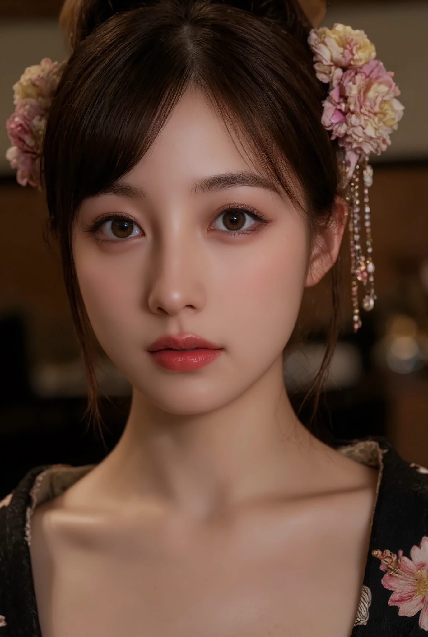 Beautiful, detailed eyes , beautiful, detailed lips, highly detailed eyes and face , long lashes, Elegant Traditional Coming-of-Age , Detailed Traditional Japanese Kimono, Detailed jewelry, Detailed Headdress , calm expression, warm lights, soft focus , high contrast, dramatic shadows , Tone Down Color Palette , Award-winning photo