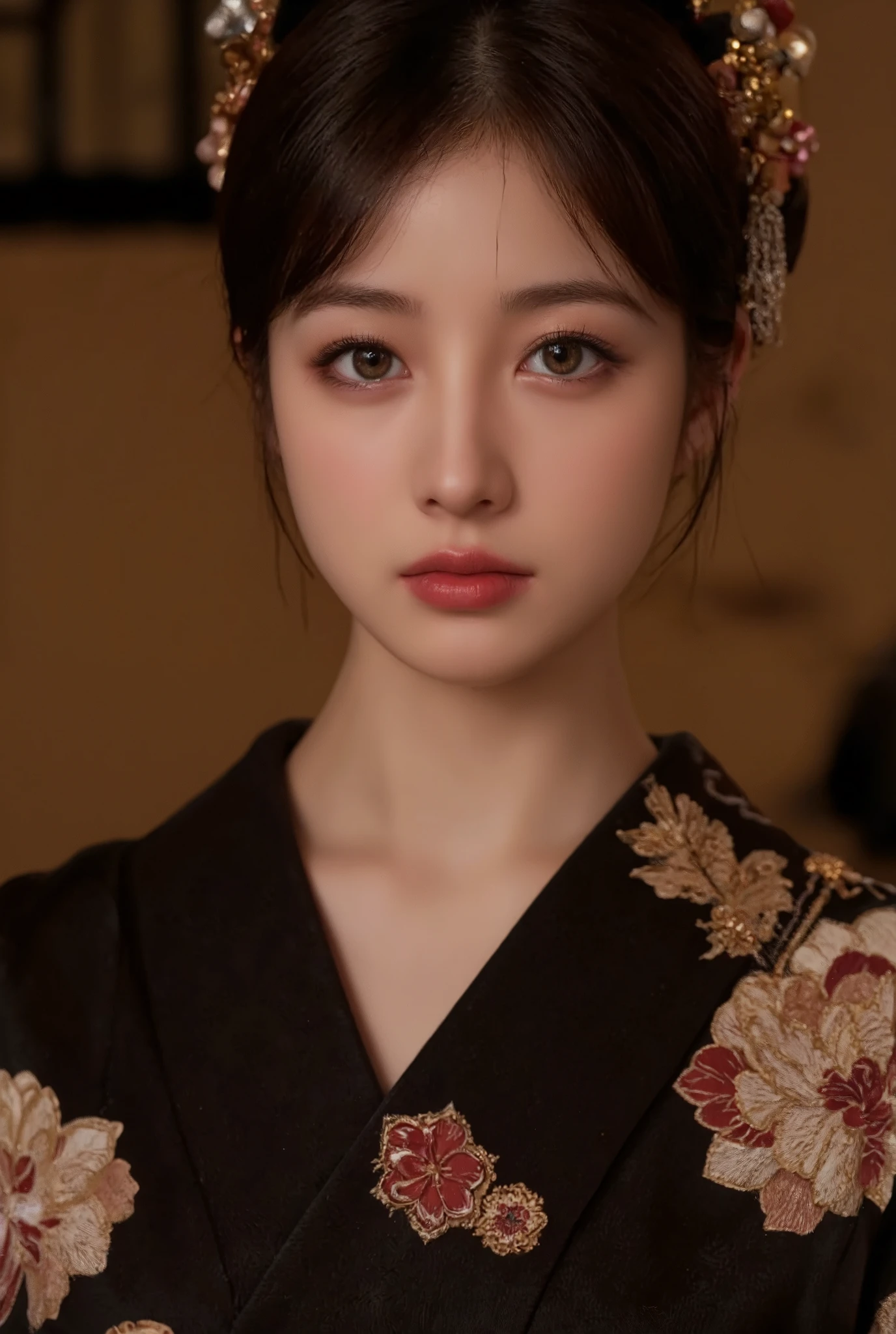 Beautiful, detailed eyes , beautiful, detailed lips, highly detailed eyes and face , long lashes, Elegant Traditional Coming-of-Age , Detailed Traditional Japanese Kimono, Detailed jewelry, Detailed Headdress , calm expression, warm lights, soft focus , high contrast, dramatic shadows , Tone Down Color Palette , Award-winning photo