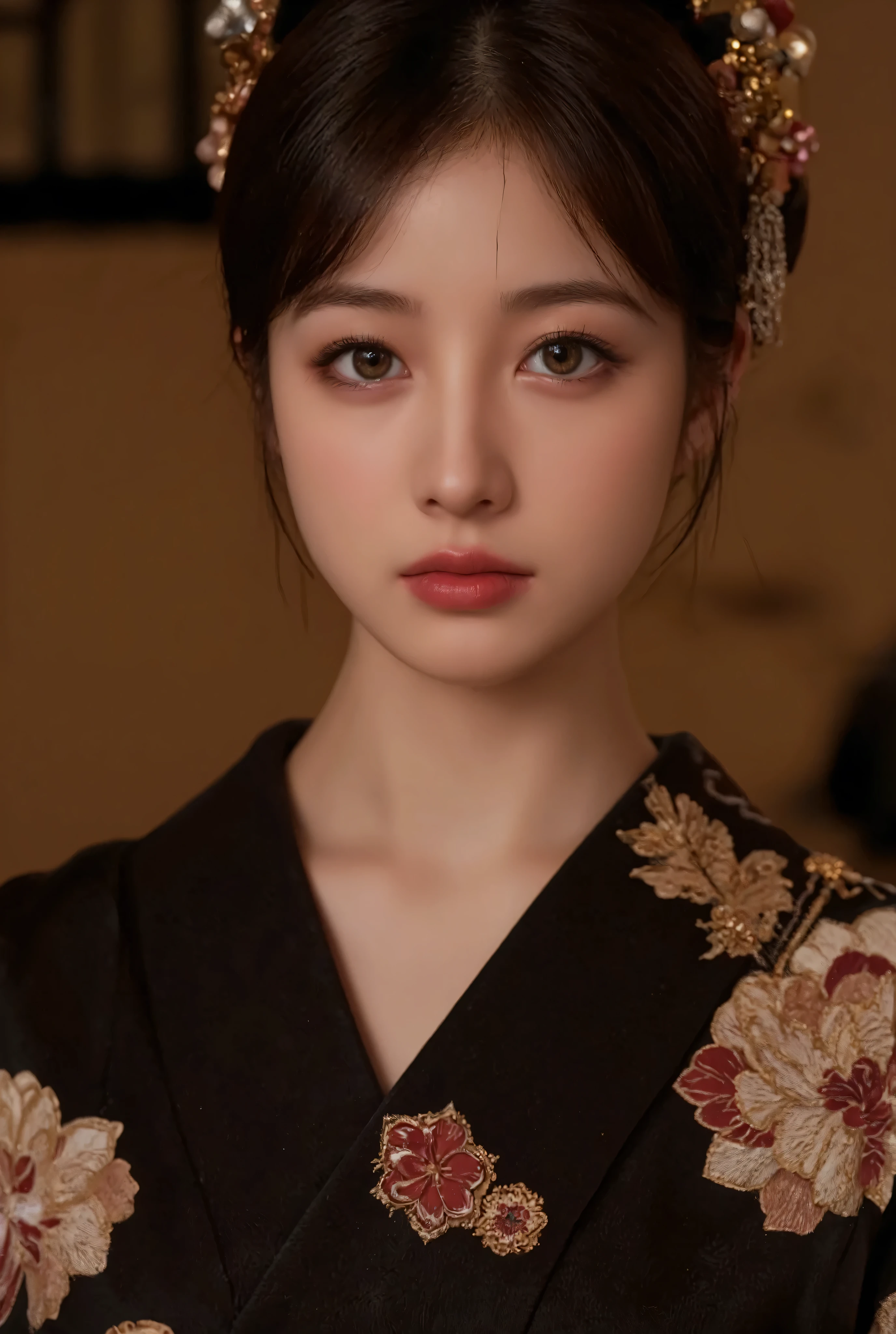 Beautiful, detailed eyes , beautiful, detailed lips, highly detailed eyes and face , long lashes, Elegant Traditional Coming-of-Age , Detailed Traditional Japanese Kimono, Detailed jewelry, Detailed Headdress , calm expression, warm lights, soft focus , high contrast, dramatic shadows , Tone Down Color Palette , Award-winning photo