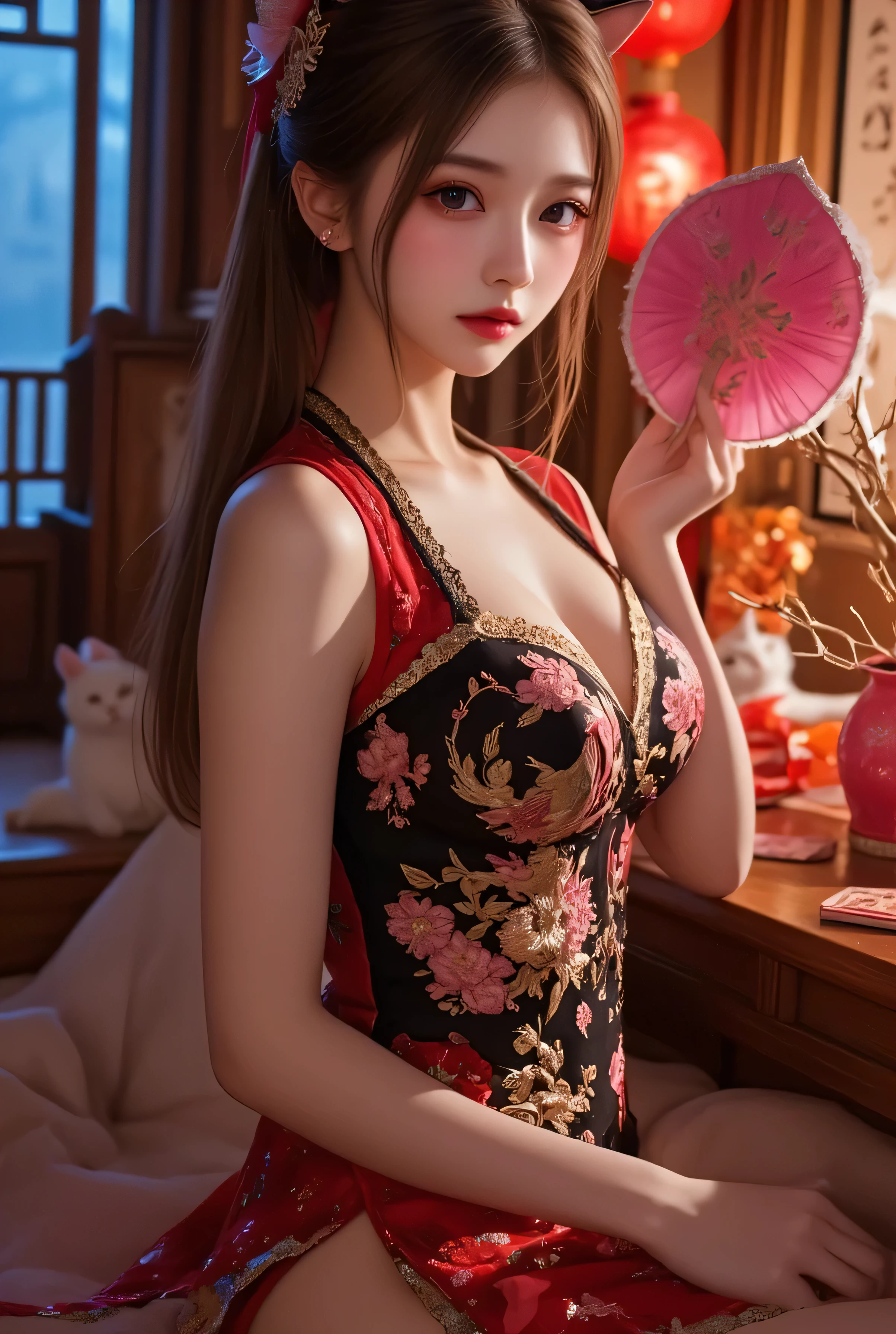 Cat ears、 face up, attractive, pretty girl, ponytail、 (( fine facial features , eroticism)), dramatic lighting , realistic , 8k, Dramatic Shadows , intricate and elaborate patterns , super detailed photo , chiaroscuro lighting , Pleasant colors , deep contrast , super real 、 pink lipstick、 warm room、Vintage Fireplace 、 cinematic composition、Close-up of face, pretty half part transparent open shoulder loose outfits dress, tang style, A beautiful Korean idol wearing a one piece red- black tightly cheongsam with phoenix and intricate floral golden embroidery, golden and silver outline on dress, hand hold pink feathers transparent Chinese fan with golden ink drawing, standing gracefully in a room filled with traditional Chinese New Year decorations. The room features vibrant red lanterns, decorative calligraphy scrolls, a small Chinese orange tree with golden ornaments, and several red envelopes scattered across the floor and hanging from the tree. Adorable, playful cats are part of the scene—some sitting near the tree, others curiously pawing at the red envelopes or lounging around. Through a window or an open door in the background, vibrant Chinese fireworks light up the night sky in an array of reds, golds, and blues, casting a magical glow into the room. The idol’s outfit is paired with subtle accessories like red hairpins or earrings, complementing the festive look. The atmosphere is warm and lively, filled with the joyful essence of the celebration, enhanced by the shimmering lights of the fireworks and the lively decor.