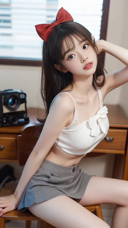 blue eyes,Highest quality,High resolution,unity 8k wallpaper,(shape:0.8),(Beautiful and exquisite:1.6),Detailed face,Perfect lighting,Detailed CG,(Perfect hands, Perfect Anatomy),Female student,White shirt,(White panties:1.0),Black Hair、Twin tails、Shirt Tag Pose