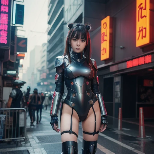 （Part of the skin is a computer）、top-quality、​masterpiece、超A high resolution、(With a futuristic machine gun、holding knive),（Wearing a futuristic hat）、(Photorealsitic:1.4)、Raw photo、1 girl、Black hair、glowy skin、((1 Mechanical Girl))、((super realistic details))、portlate、（Mystical expression）、（Has a huge rocket launcher）、explosions、Particles of light、（Small LED lamp）、Wire tubes that glow all over the body、(With state-of-the-art weapons),globalillumination、Shadow、octan render、8K、Armpit、ultrasharp、Colossal 、Small LED lamp、Raw skin is exposed in cleavage、metals、blood vessels connected to tubes、With weapons、Red bodysuit、Armpit、Cyberpunk city background、Details of complex ornaments、Japan details、highly intricate detail、Realistic light、CGSoation Trends、Blue eyes、radiant eyes、Facing the camera、neon details、（Tattoo numbers on the face）、Mechanical limbs、blood vessels connected to tubeechanical vertebrae attached to the back、mechanical cervical attaching to neck、Wires and cables connecting to the head、Gundam、Small LED lamp、Toostock、Toostock、Futuristic machine gun、Knives、(Red Metallic Bodysuit),