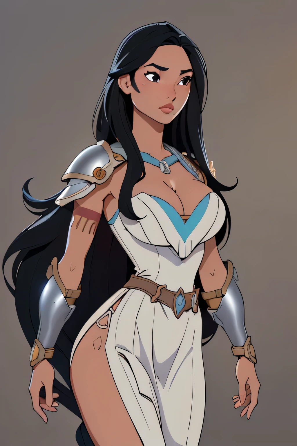 1girl in, age18, Pocahontas Waifu, photo of perfect woman, miniature ferry, Solo, Aesthetic artwork, (long hair, very long straight black hair:1.25), (clear skin, tanned skin, large breasts, DD-cup, runners body, very thin waist, skinny, petite, detailed skin texture), (cleavage, focus on breasts:1.2), (blank background, plain background, blank wall, (female paladin wearing the full body, perky breast, deep cleavage, (light silver armour:1.2),(ornately decorated armor), (extremely detailed 8k wallpaper), soft lighting, high quality, film grain, Fujifilm XT3 sharp focus, f 5.6, 50mm, High Detail, Sharp focus, (natural light), crazy details, complex details, hyper detailed. (cowboy photo:1.2), light particles, sfw