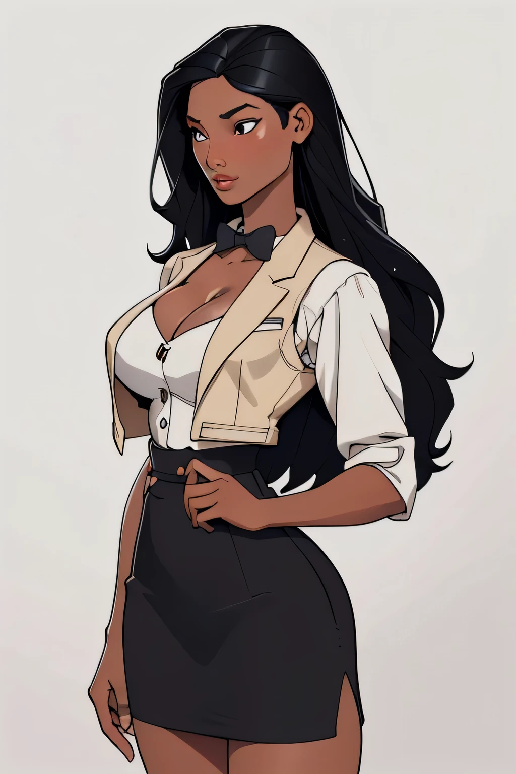 1girl in, 18, Pocahontas Waifu, photo of perfect woman, miniature ferry, Solo, Aesthetic artwork, (long hair, very long straight black hair:1.25), (clear skin, tanned skin, large breasts, DD-cup, runners body, very thin waist, skinny, petite, detailed skin texture), (cleavage, focus on breasts:1.2), (blank background, plain background, blank wall, (wearing a tuxedo, dress shirt, bowtie, blazer, suit jacket, waistcoat, bodycon miniskirt, pencil skirt, jewelry), (extremely detailed 8k wallpaper), soft lighting, high quality, film grain, Fujifilm XT3 sharp focus, f 5.6, 50mm, High Detail, Sharp focus, (natural light), crazy details, complex details, hyper detailed. (cowboy photo:1.2), light particles, sfw