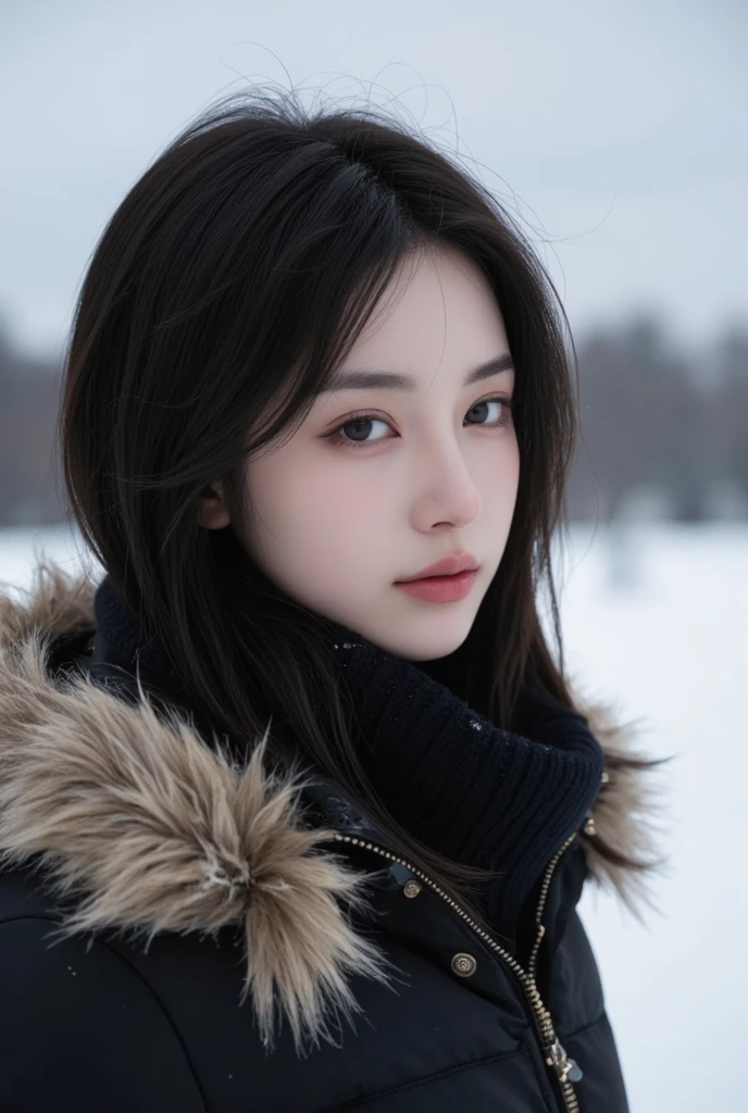 Best quality, masterpiece, ultra high res, (photorealistic:1.5), raw photo, 1girl, in the park, deep shadow, low key, cold light, sexy look, long hair, fabric bra, winter, snow