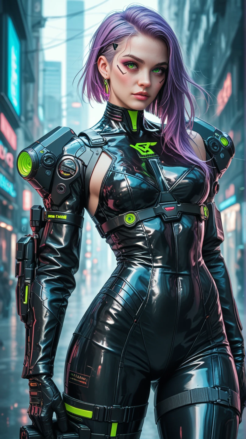 RAW photo young woman standing naked, (Green mohawk hair <lora:half_buzzcut_hairstyle:0.3>:1.45) BREAK (Purple mechanical parts, robot joints, mechanical arm:1.25), choker, hip belt, looking at the viewer BREAK (cyberpunk, dystopian background) BREAK intricate detail, detailed facial features, high detail, sharp focus, smooth, aesthetic, extremely detailed, ((masterpiece)), <lora:epiNoiseoffset_v2:0.5> <lora:skinny_new_skin:0.2>  <lora:HackedTech:0.7>
