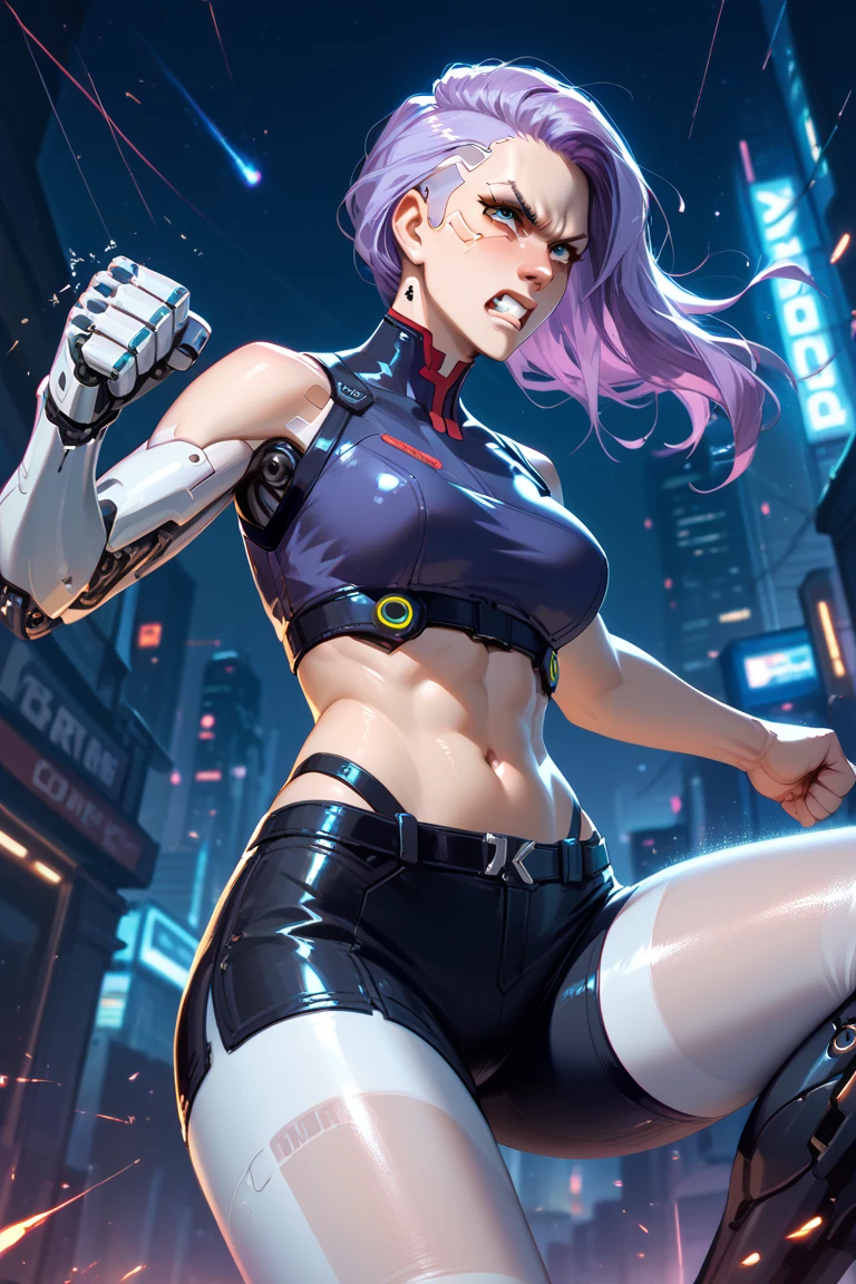 score_9, score_8_up, score_7_up, 1girl, High resolution, Very detailed, perfect lighting, beautiful detailed eyes, ((masterpiece, Best Quality)), absurdities, Alone, \(Motoko ghost in the shell\), fingerless gloves, light purple strapless leotard, sleeveless, light purple thighhighs, super muscular, adult abnormal swimsuit, cyberpunk settings, neon, night